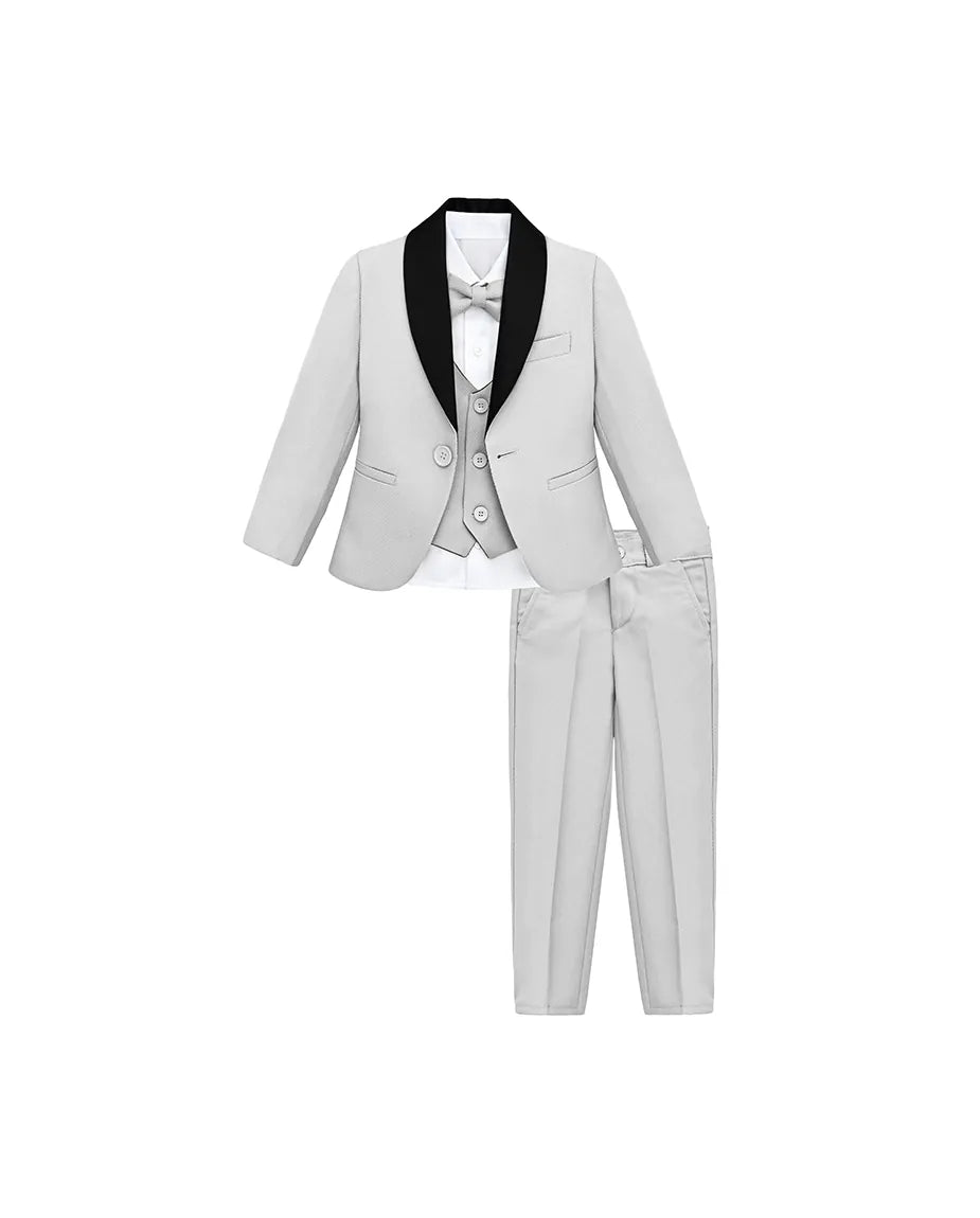 Boys 5-Piece Slim Fit Textured Suit Set With Satin Lapels