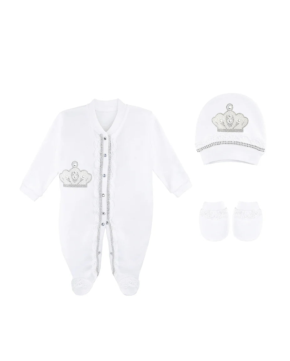 Jeweled Crown Layette Gift Set for Baby Girls: 3 Pieces