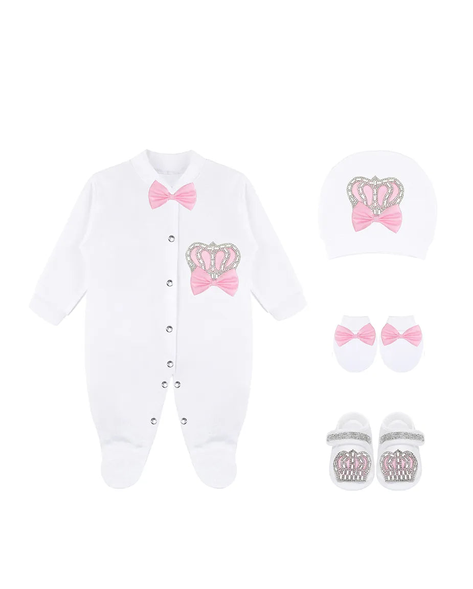 Newborn Baby 4-Piece Cotton Jeweled Layette Gift Set