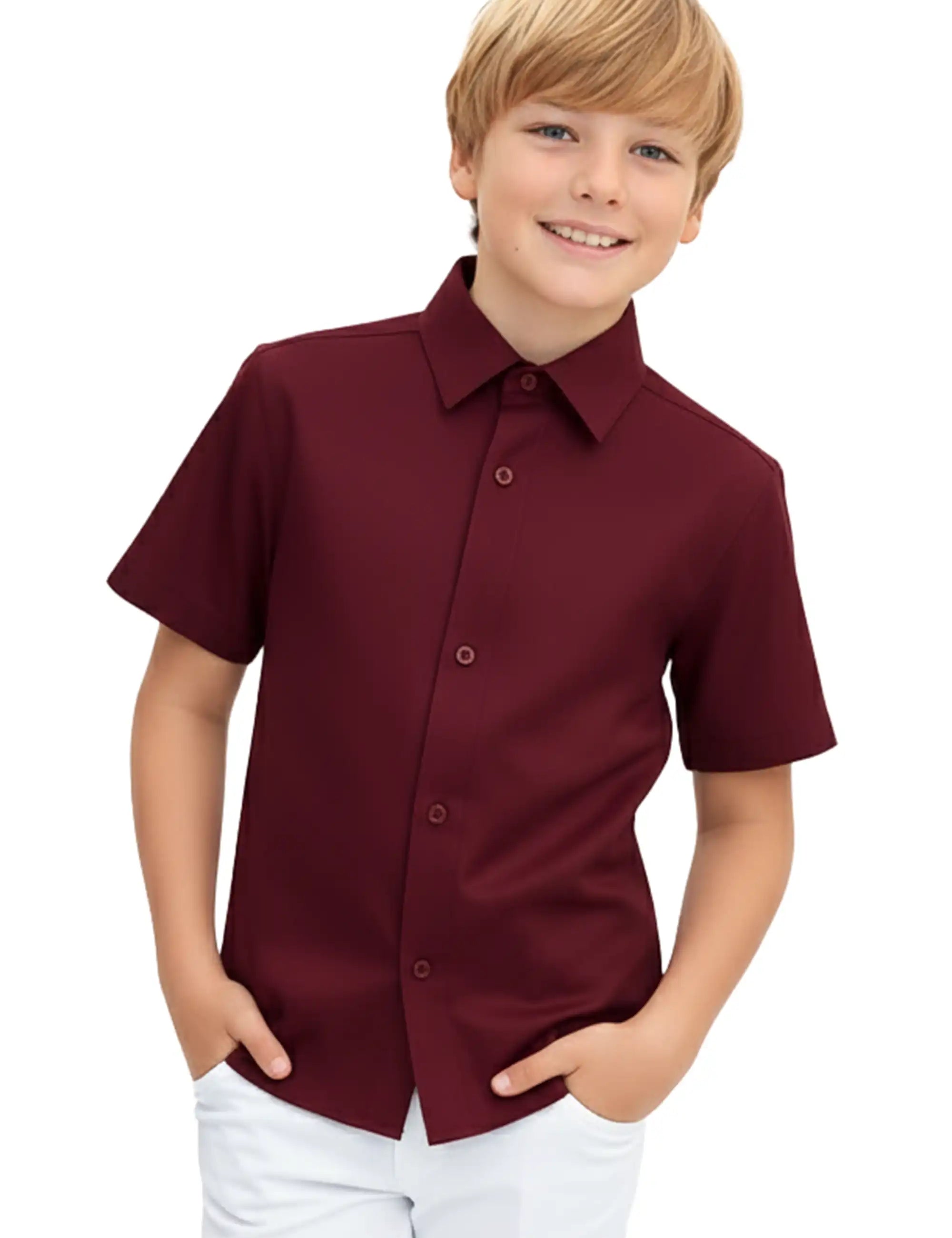 Lilax Boys Classic Short Sleeve Button Down Casual Solid Dress Shirt