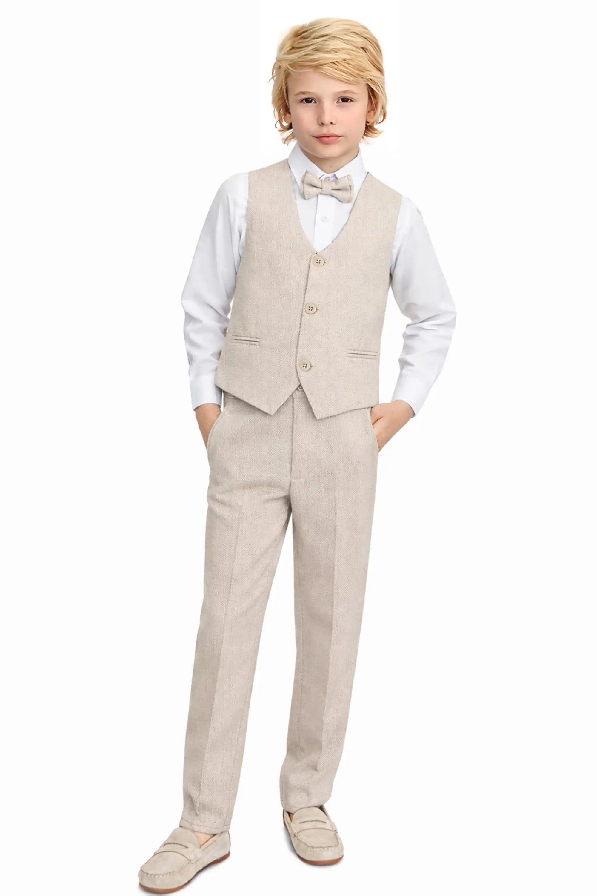 Lilax Boys Formal Suit 4 Piece Vest, Pants and Tie Dresswear Suit Set (12 Years, Beige)