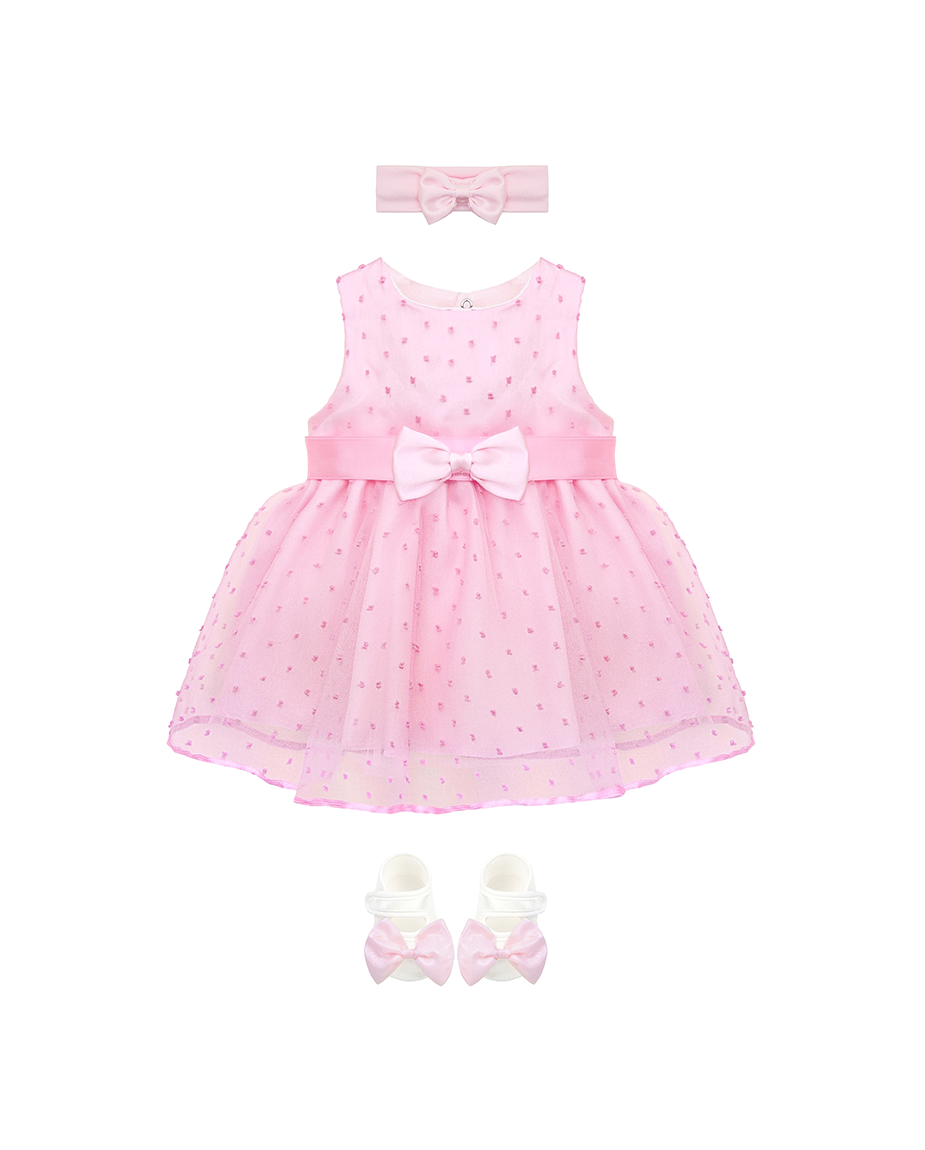 Baby 3-Piece Tulle & Satin Bow Detailed Polka Dot Dress Set
