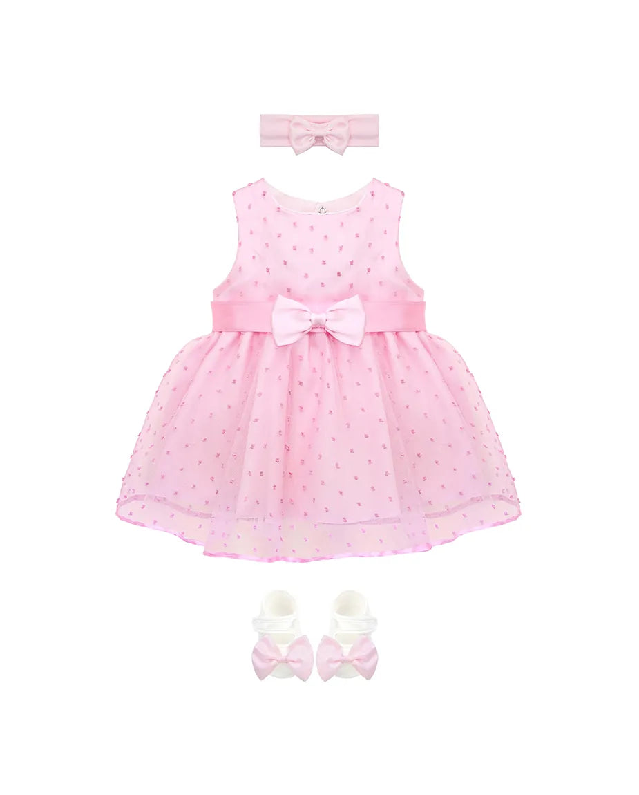 Baby 3-Piece Tulle & Satin Bow Detailed Polka Dot Dress Set
