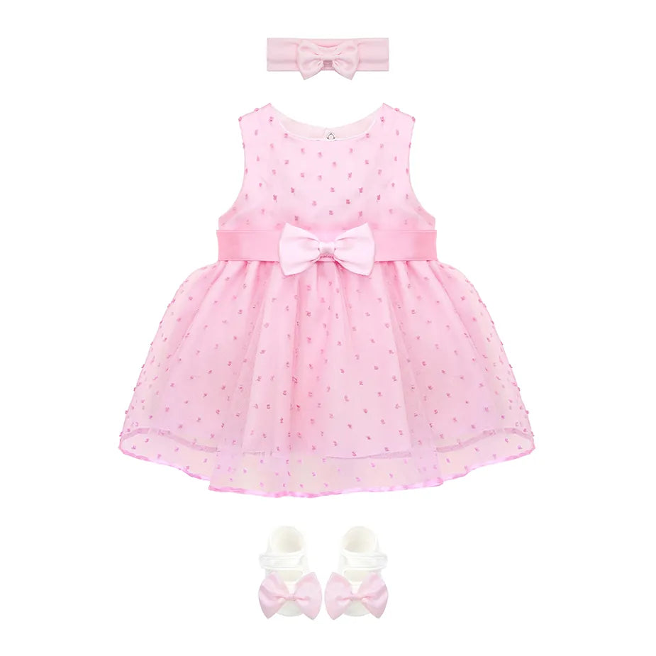 Baby 3-Piece Tulle & Satin Bow Detailed Polka Dot Dress Set