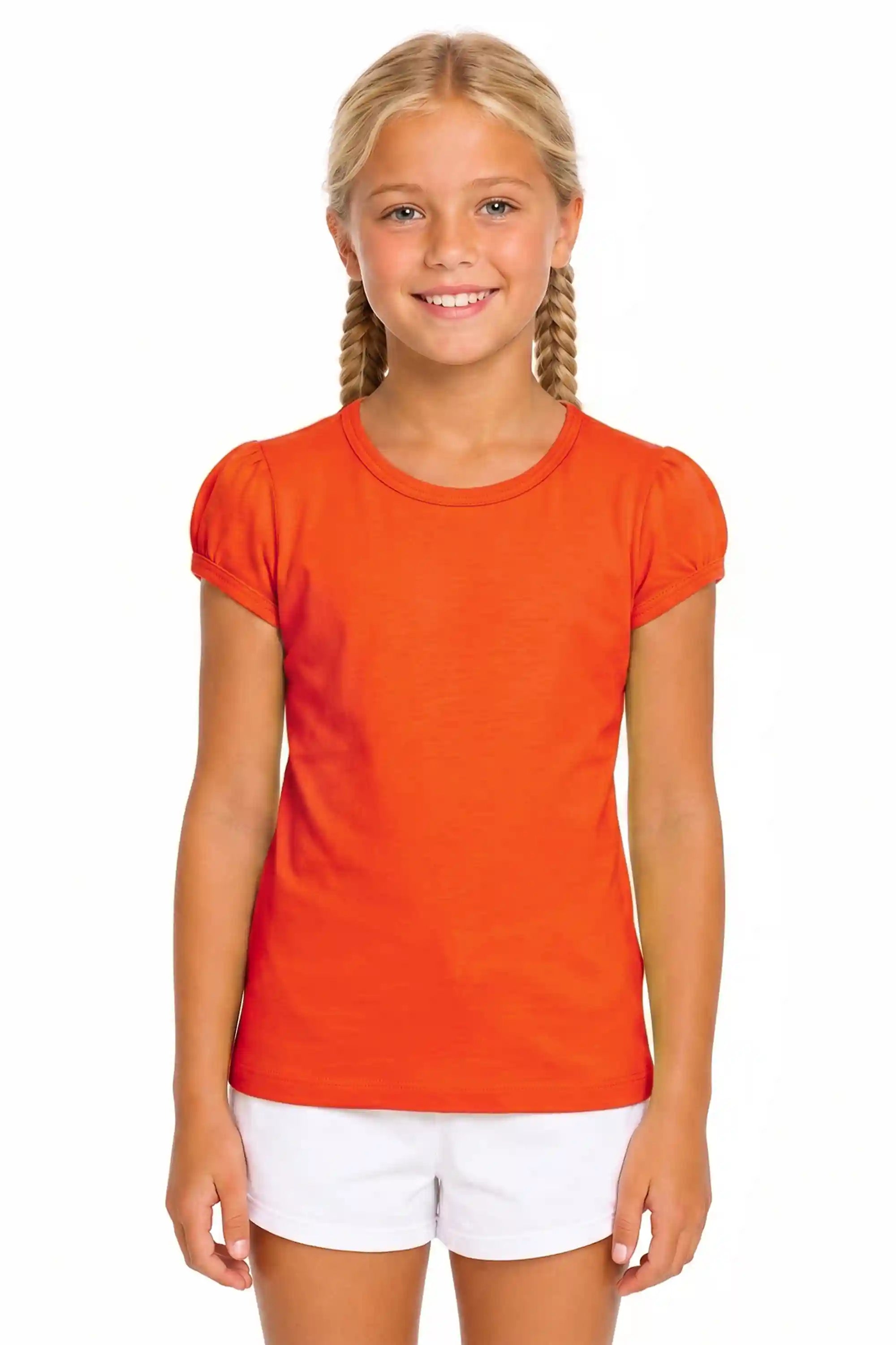 Girls' Basic Short Puff Sleeve Round Neck Cotton T-Shirt