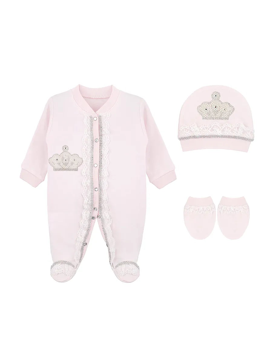 Newborn Baby 3-Piece Cotton Jeweled Layette Set