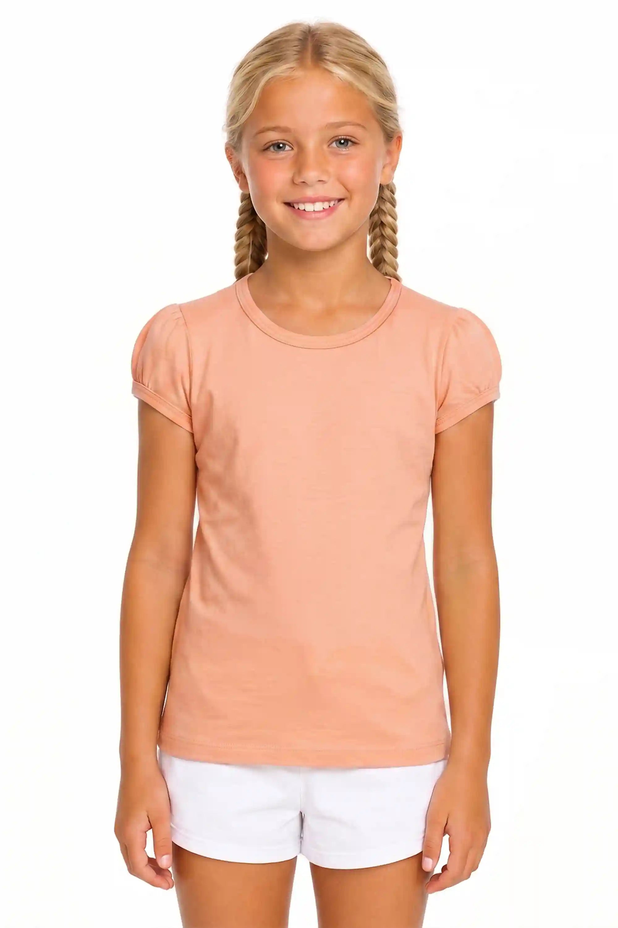 Girls' Basic Short Puff Sleeve Round Neck Cotton T-Shirt