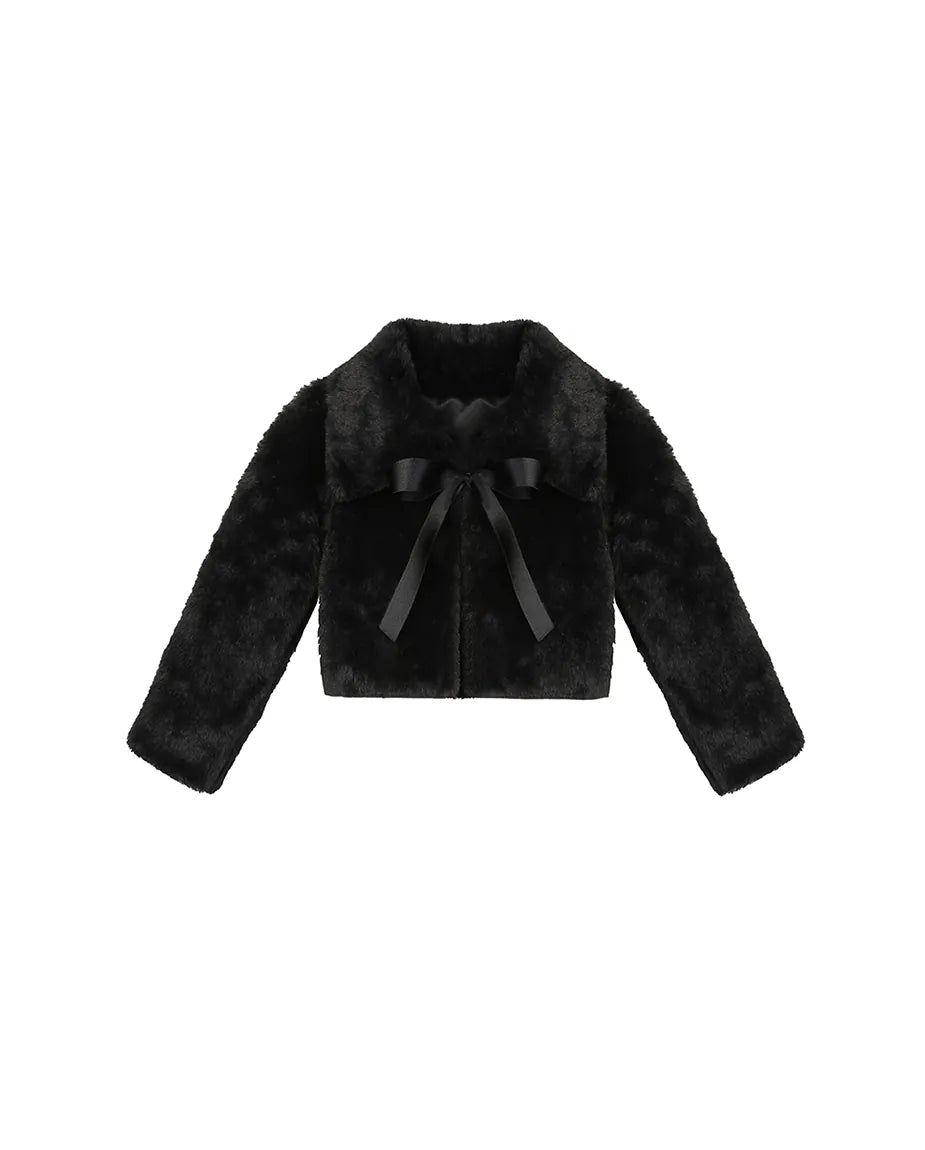 Girls Fluffy Ribbon Bow Dress Coat Bolero