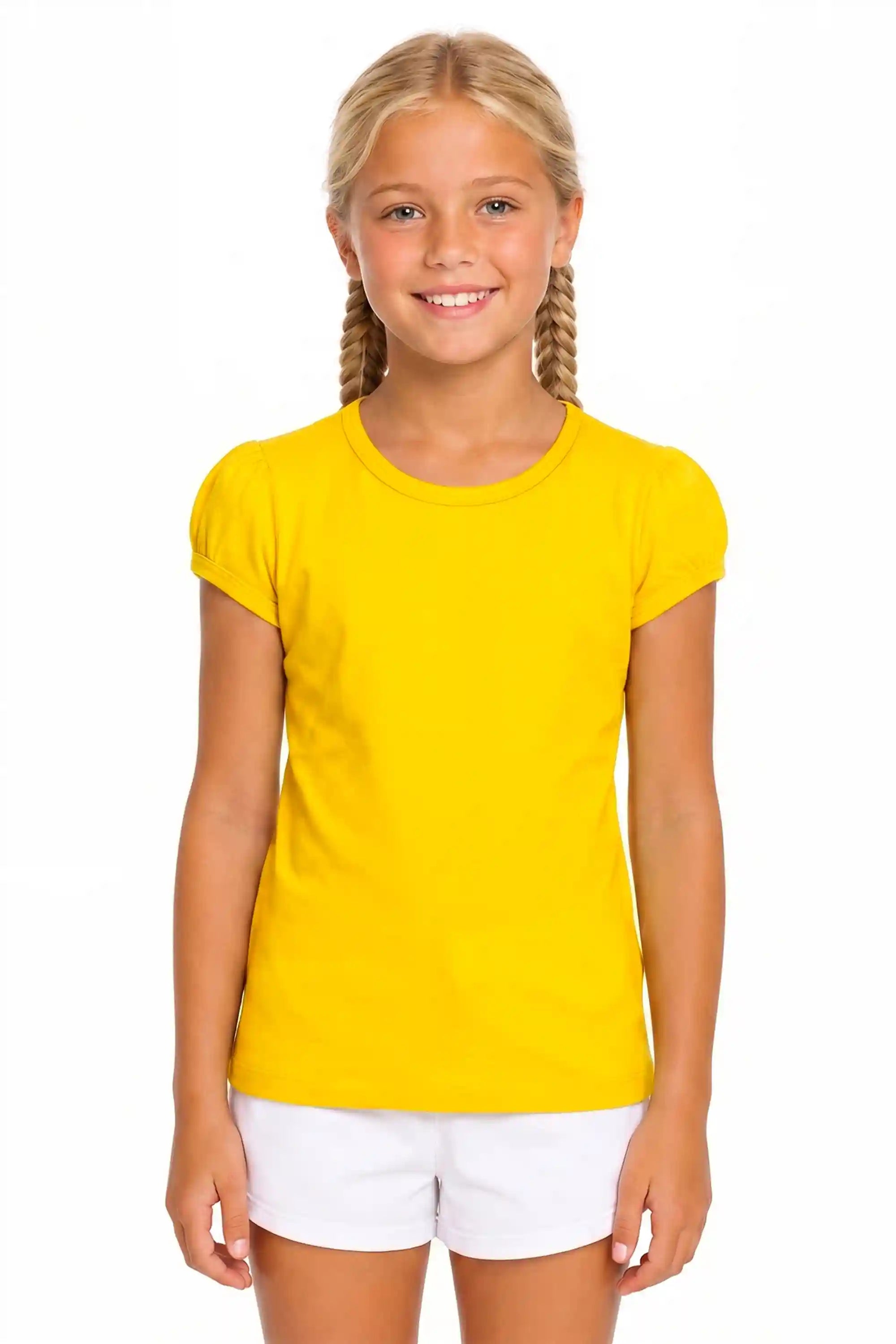 Girls' Basic Short Puff Sleeve Round Neck Cotton T-Shirt