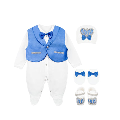 Regal and Handsome: 5-Piece Layette Gift Set with Jeweled Crown Tuxedo for Baby Boys (0-3 Months)