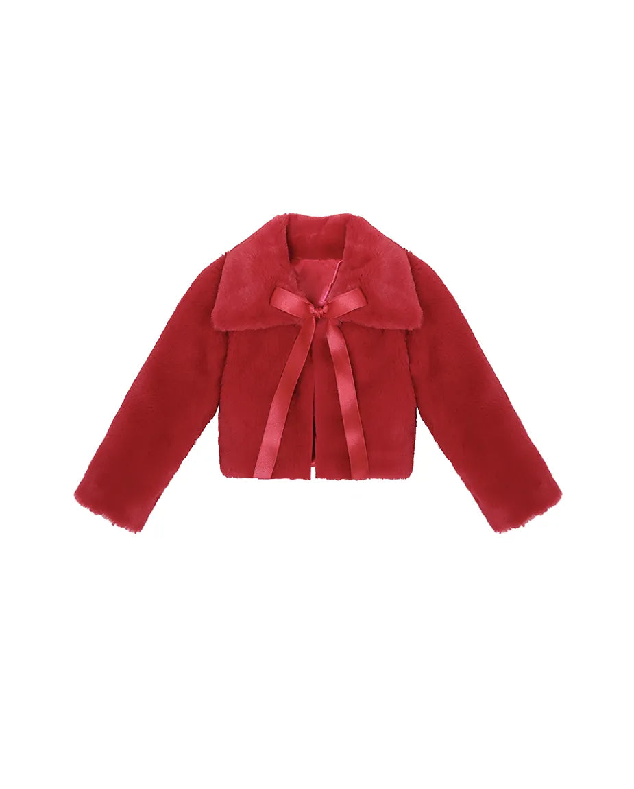 Girls Fluffy Ribbon Bow Dress Coat Bolero