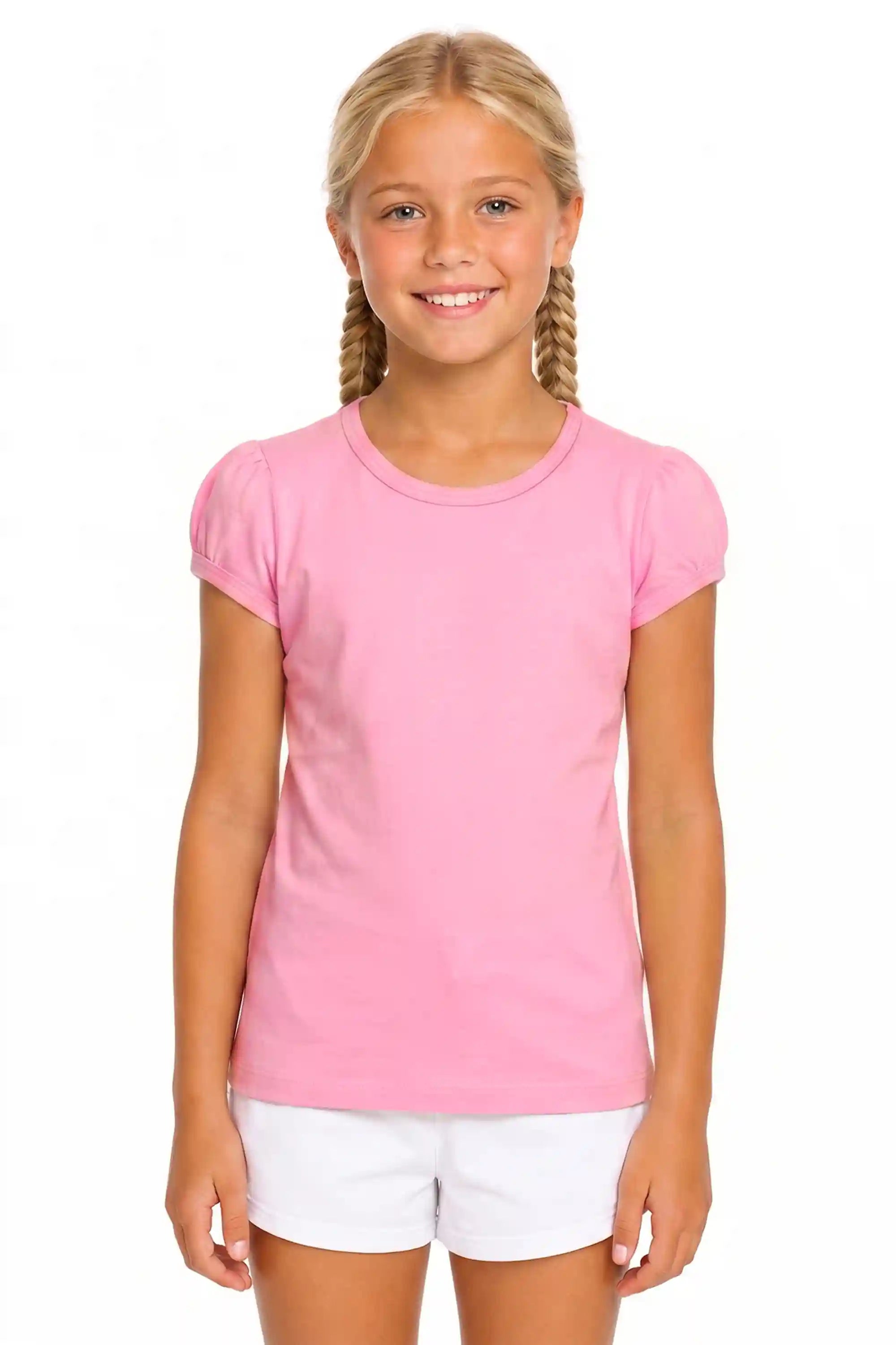 Girls' Basic Short Puff Sleeve Round Neck Cotton T-Shirt