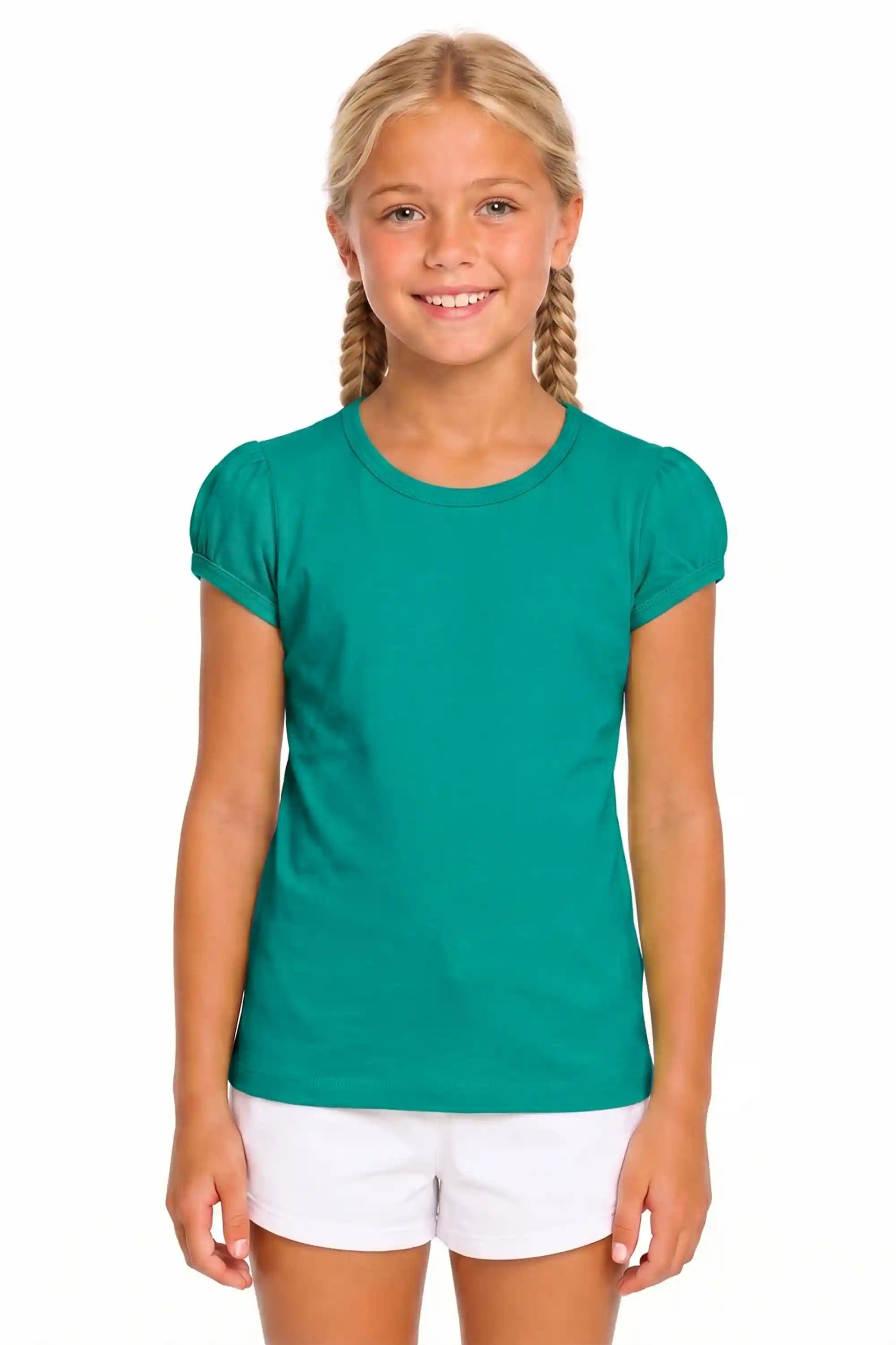 Girls' Basic Short Puff Sleeve Round Neck Cotton T-Shirt