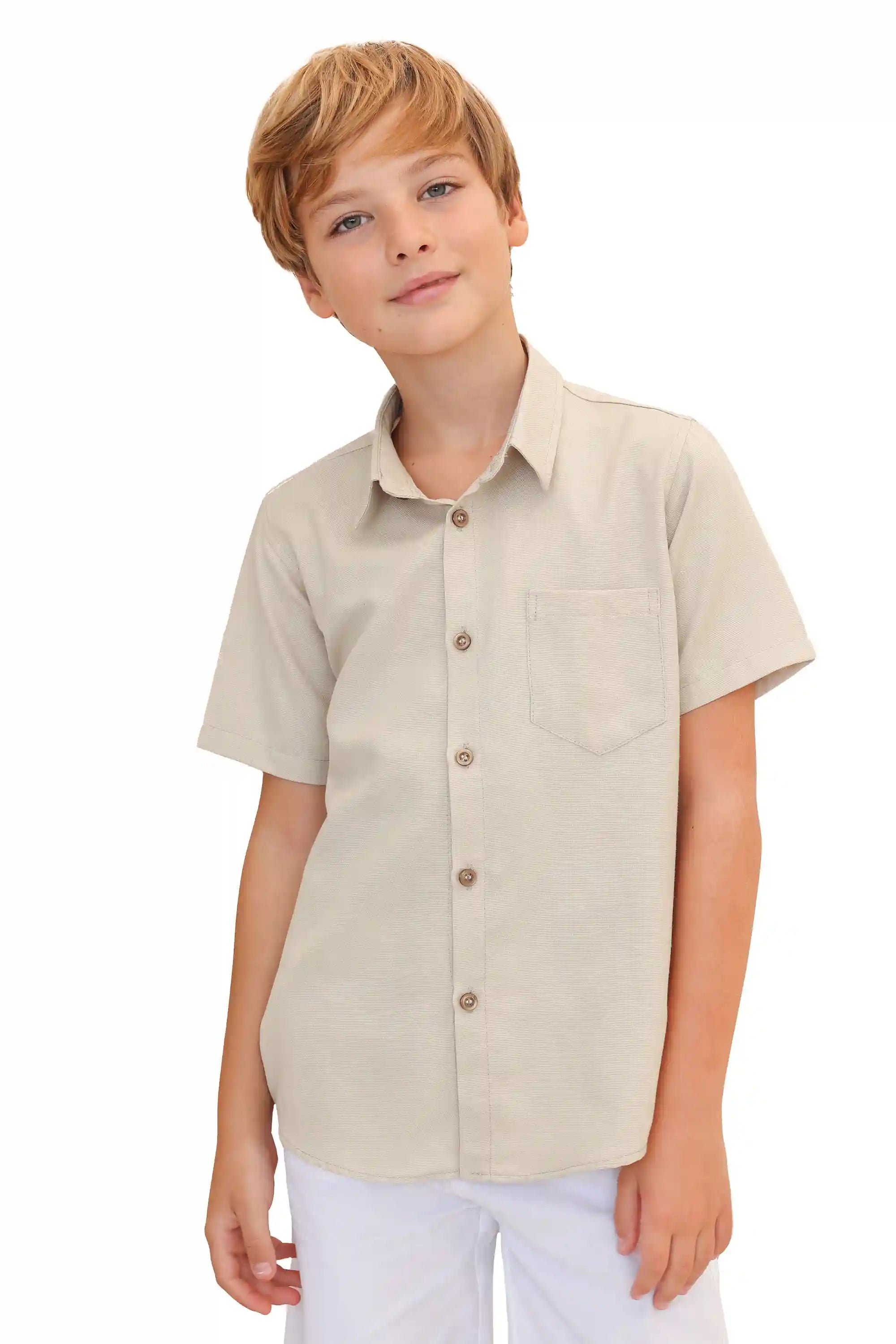 Boys' Button Down Shirt Solid Short Sleeve Classic Solid Oxford Dress Shirt Beige / 9Y