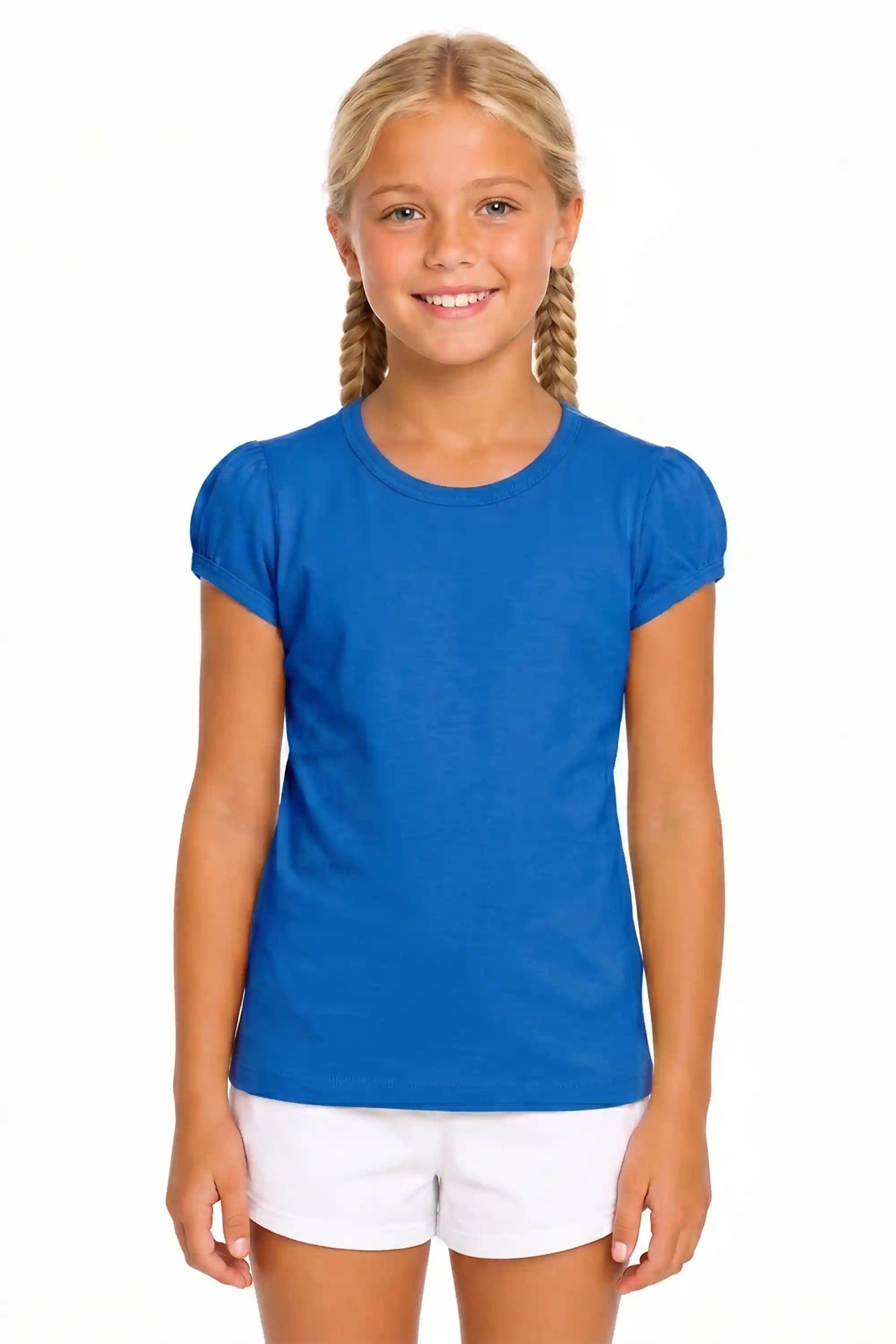 Girls' Basic Short Puff Sleeve Round Neck Cotton T-Shirt