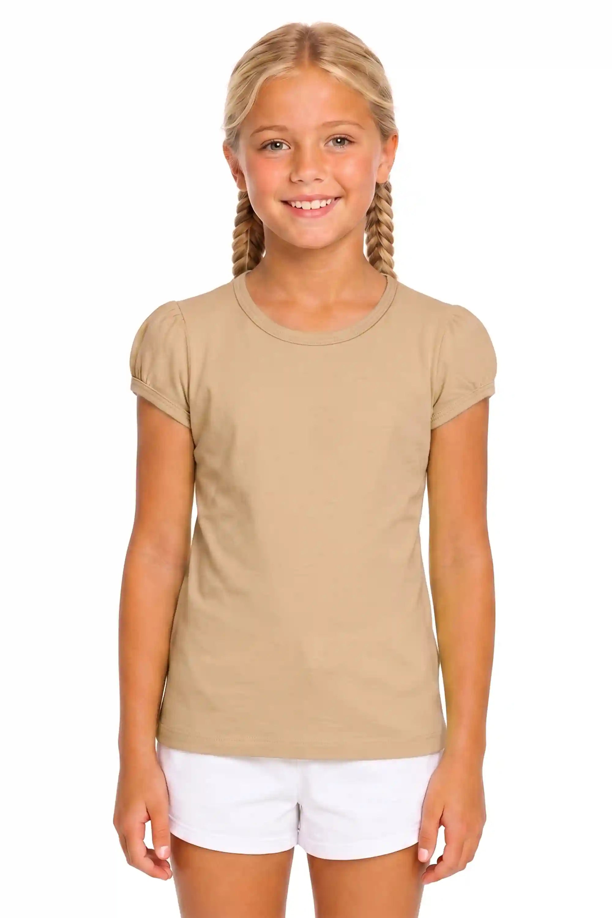 Girls' Basic Short Puff Sleeve Round Neck Cotton T-Shirt