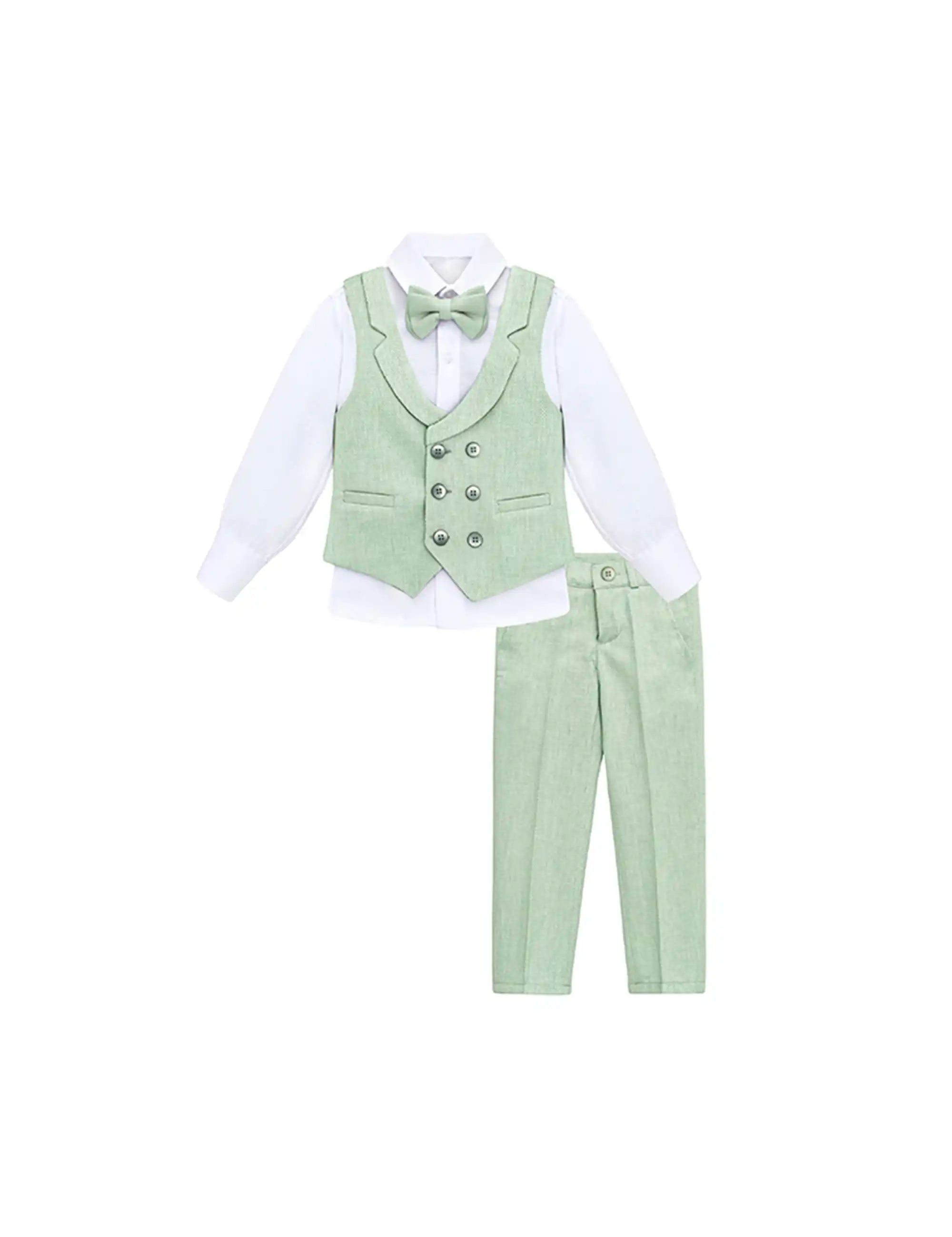 Boys Suit Set Slim Fit Vest, White Dress Shirt, Dress Pants and Bowtie 4 Piece Formal Suit Set