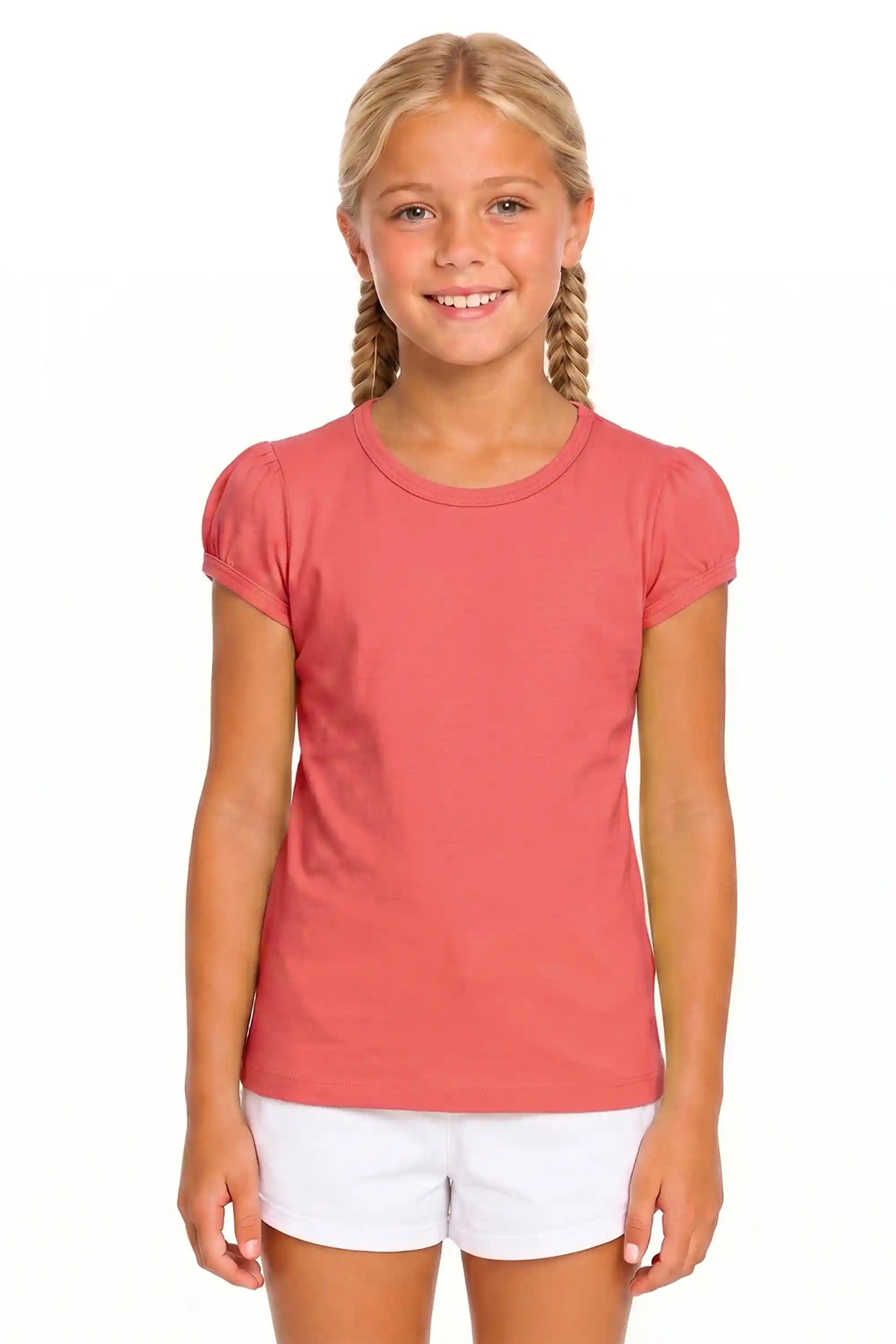 Girls' Basic Short Puff Sleeve Round Neck Cotton T-Shirt
