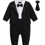 Baby Boy Tuxedo Romper Suit | Bow Tie & Necktie | 100% Cotton Footed Coverall