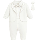 Baby Boy Tuxedo Romper Suit | Bow Tie & Necktie | 100% Cotton Footed Coverall