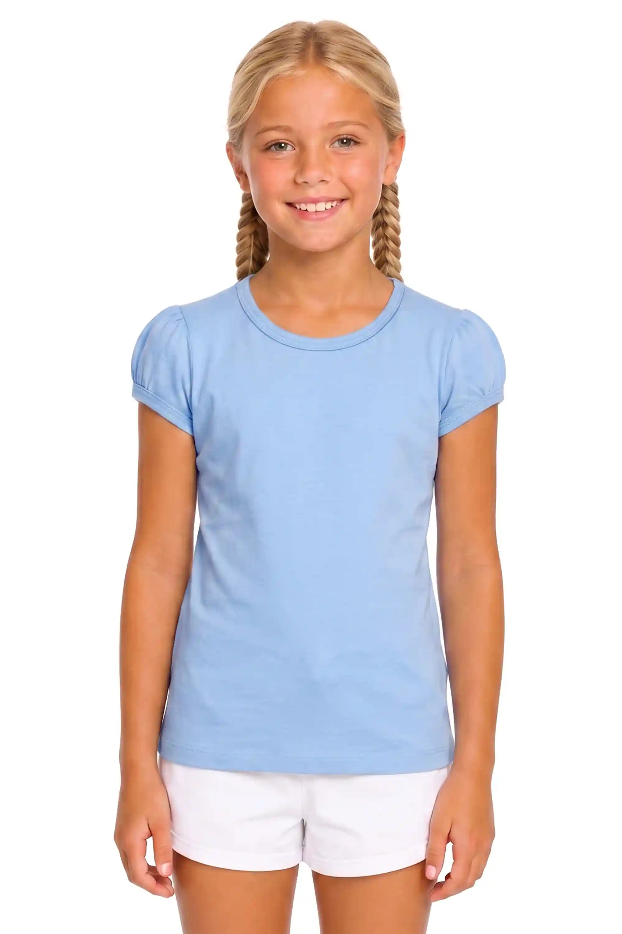 Girls' Basic Short Puff Sleeve Round Neck Cotton T-Shirt