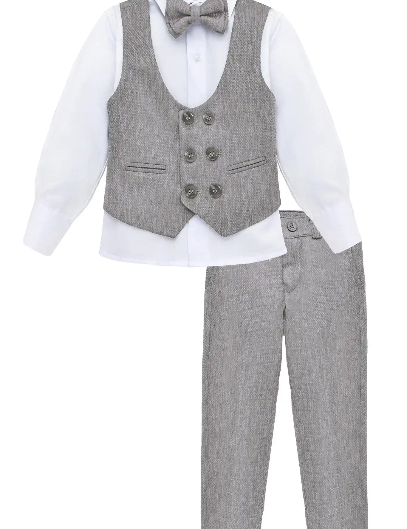 Toddler & Youth Boys 4 Piece Formal Suit Set V-Neck Vest White Dress Shirt Dress Pants and Bowtie 1-5 Years