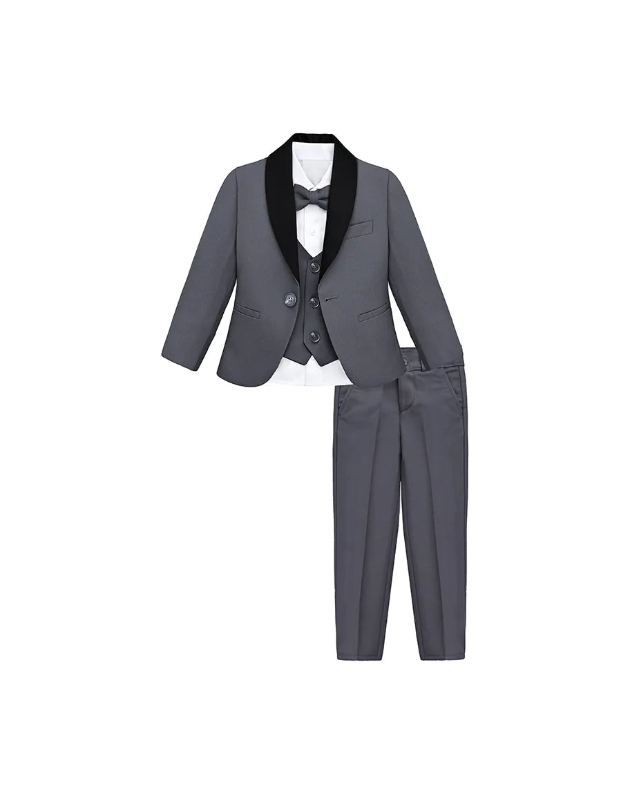 Boys 5-Piece Slim Fit Textured Suit Set With Satin Lapels