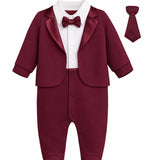 Baby Boy Tuxedo Romper Suit | Bow Tie & Necktie | 100% Cotton Footed Coverall
