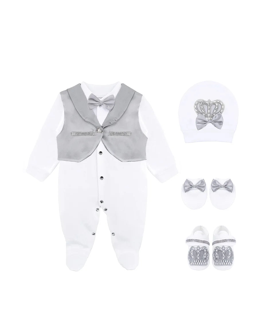 Regal and Handsome: 5-Piece Layette Gift Set with Jeweled Crown Tuxedo for Baby Boys (0-3 Months)