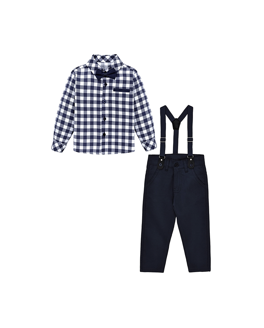 Boys Cotton Plaid Suspender Pant Set