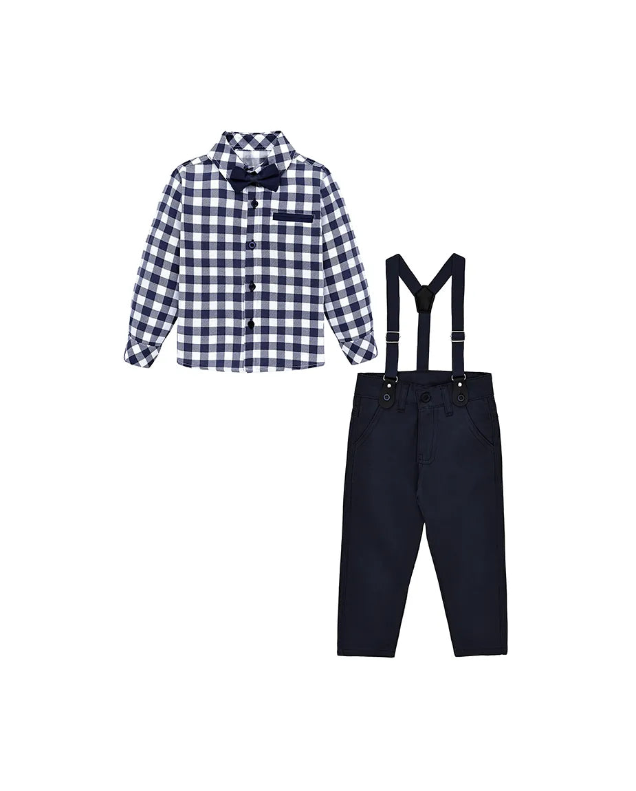 Boys Cotton Plaid Suspender Pant Set