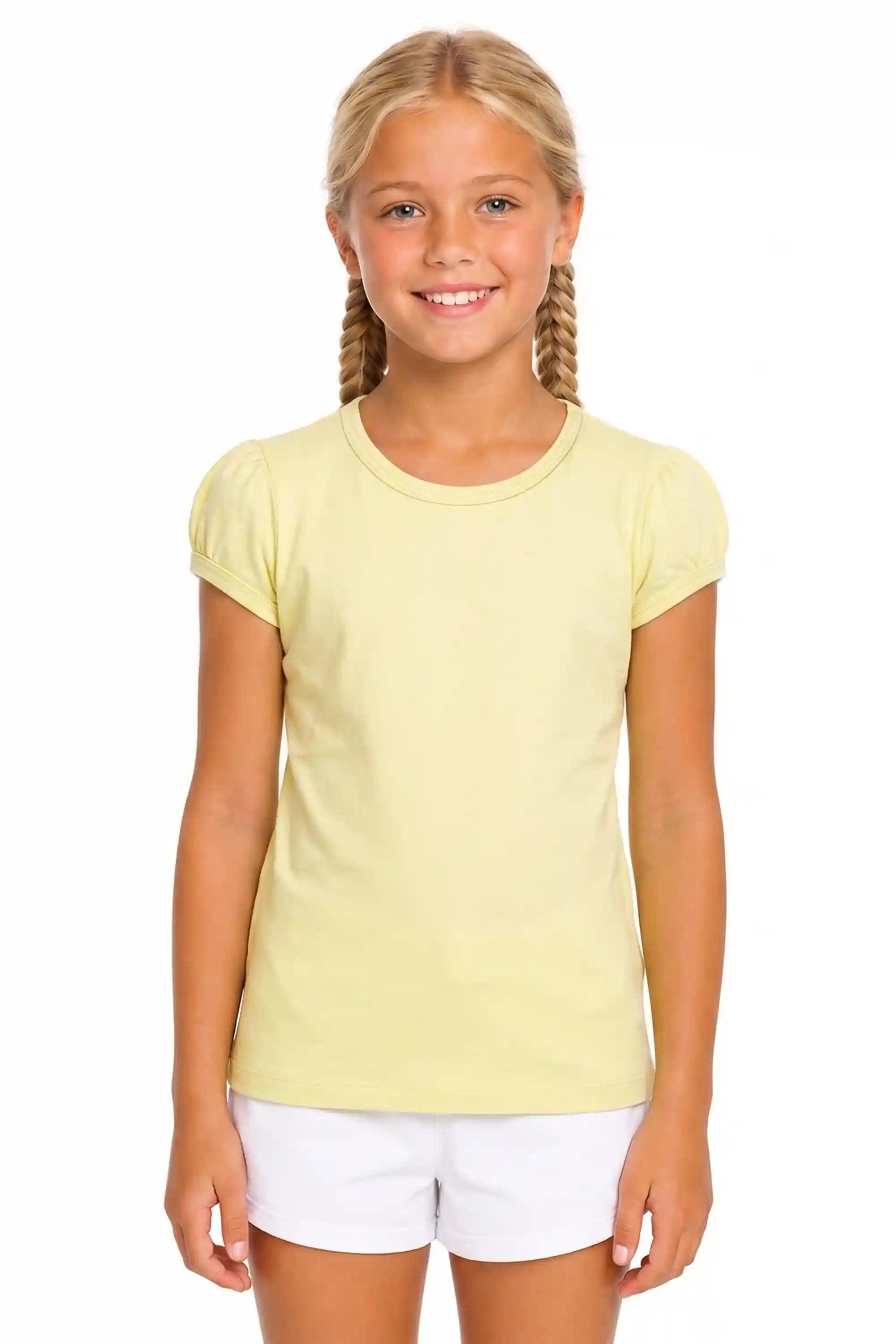 Girls' Basic Short Puff Sleeve Round Neck Cotton T-Shirt