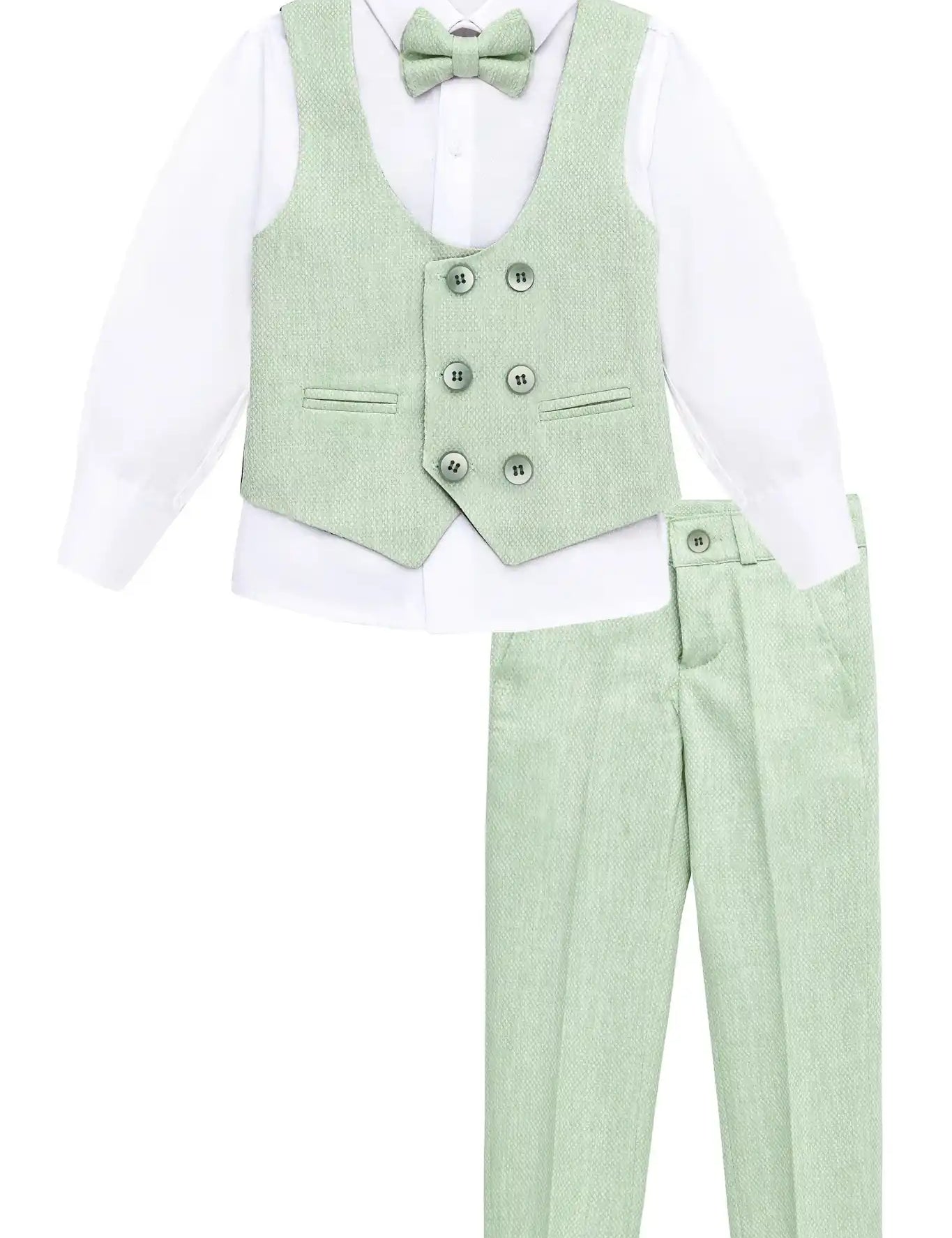 Toddler & Youth Boys 4 Piece Formal Suit Set V-Neck Vest White Dress Shirt Dress Pants and Bowtie 6-12 Years
