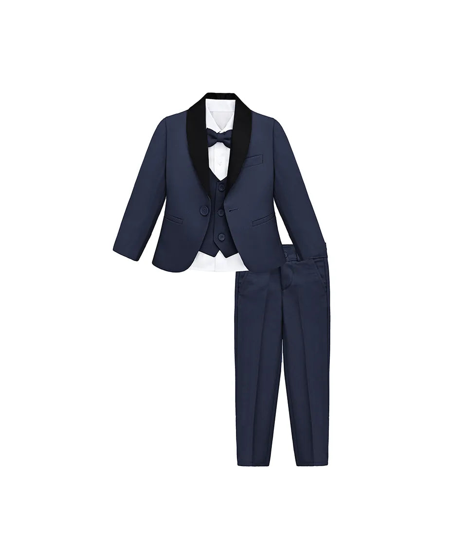 Boys 5-Piece Slim Fit Textured Suit Set With Satin Lapels