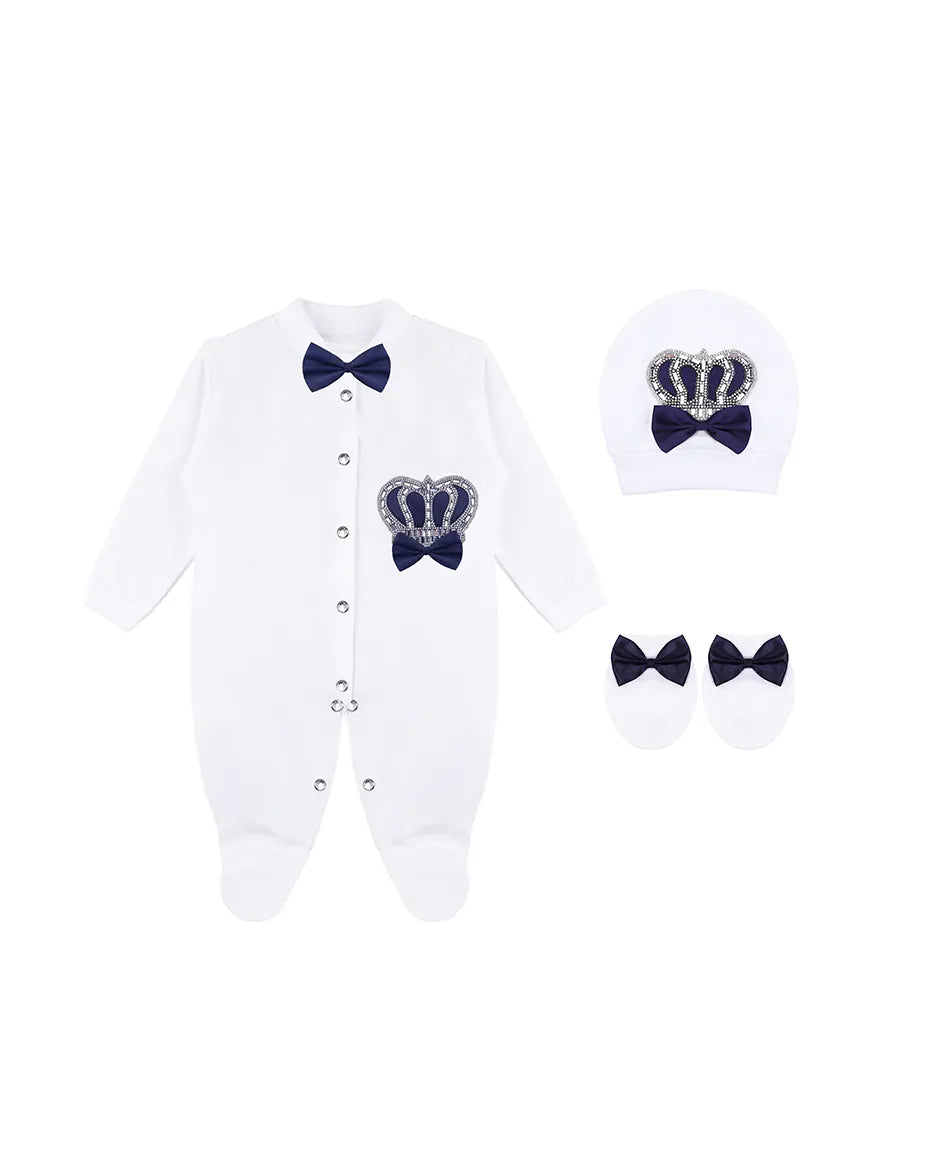 Newborn 3-Piece Cotton Jeweled Crown Layette Set