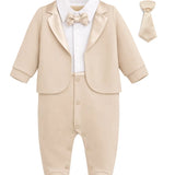 Baby Boy Tuxedo Romper Suit | Bow Tie & Necktie | 100% Cotton Footed Coverall
