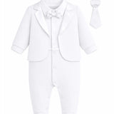 Baby Boy Tuxedo Romper Suit | Bow Tie & Necktie | 100% Cotton Footed Coverall