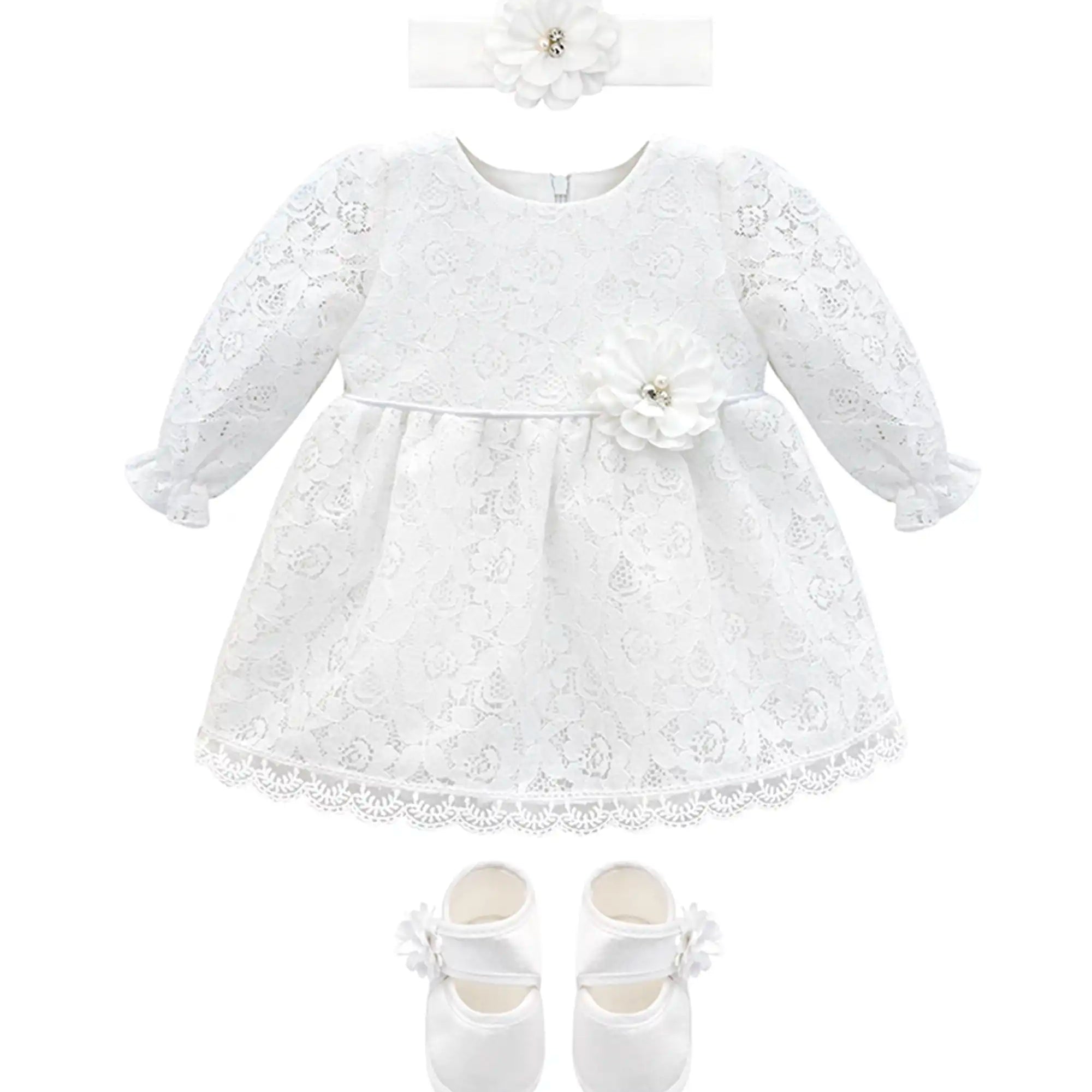 Baby Girls' Lace Floral Embroidered Dress with Matching Shoes Christening Baptism Dress
