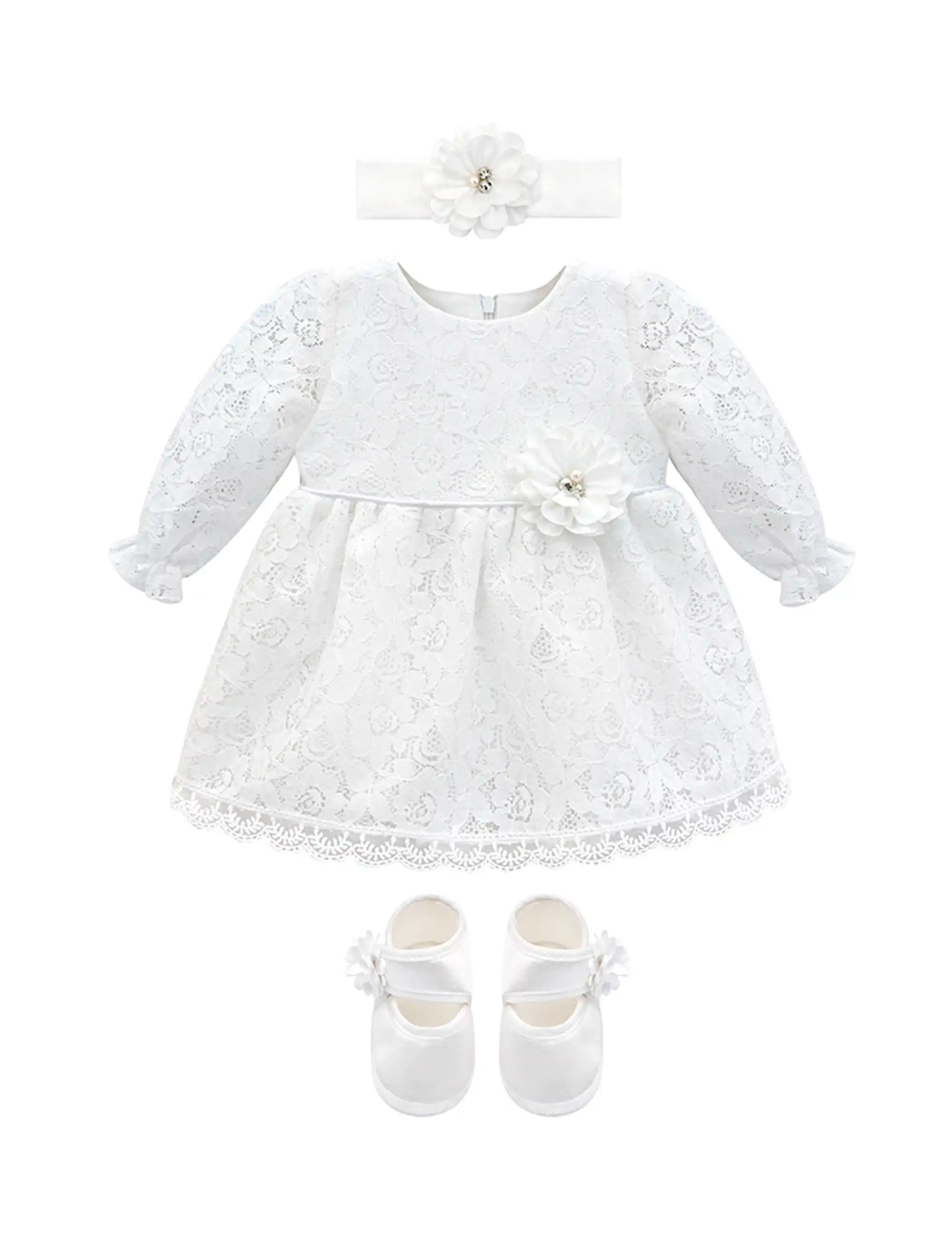 Baby Girls' Lace Floral Embroidered Dress with Matching Shoes Christening Baptism Dress