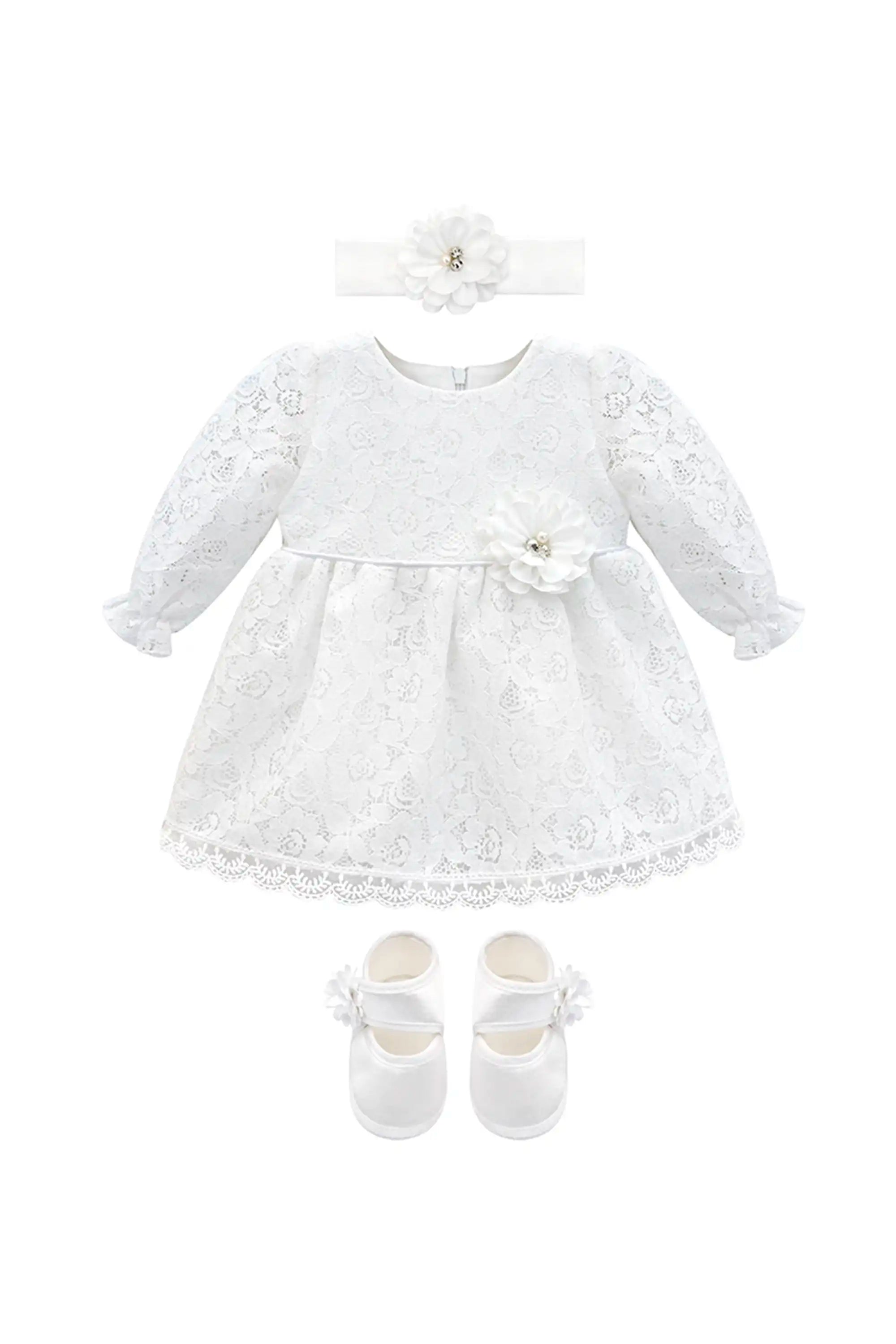 Baby Girls' Lace Floral Embroidered Dress with Matching Shoes Christen Baby Girls' Lace Floral Embroidered Dress with Matching Shoes Christen