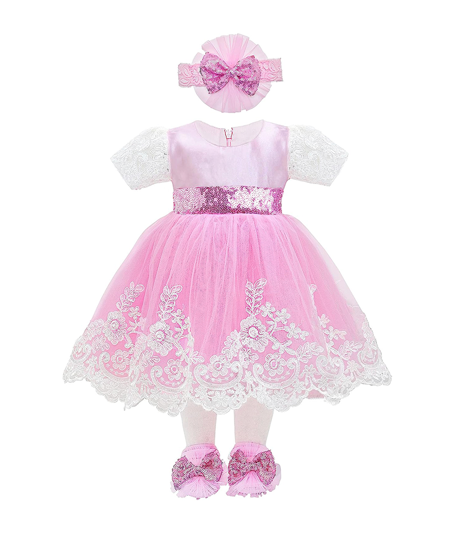 Baby Girl Newborn Lace Princess Wedding Party Dress Gown 4 Piece Deluxe Set