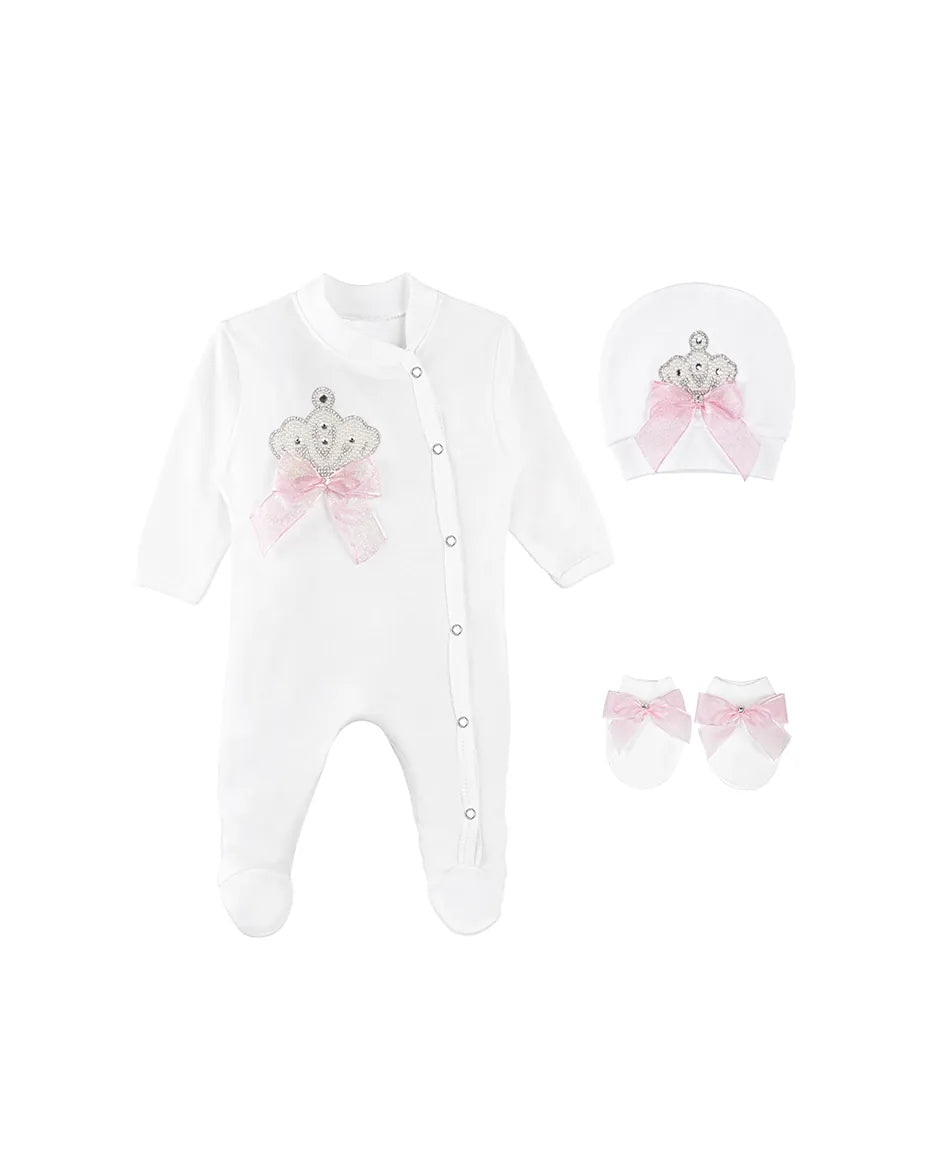 Newborn Baby 3-Piece Cotton Jeweled Layette Set