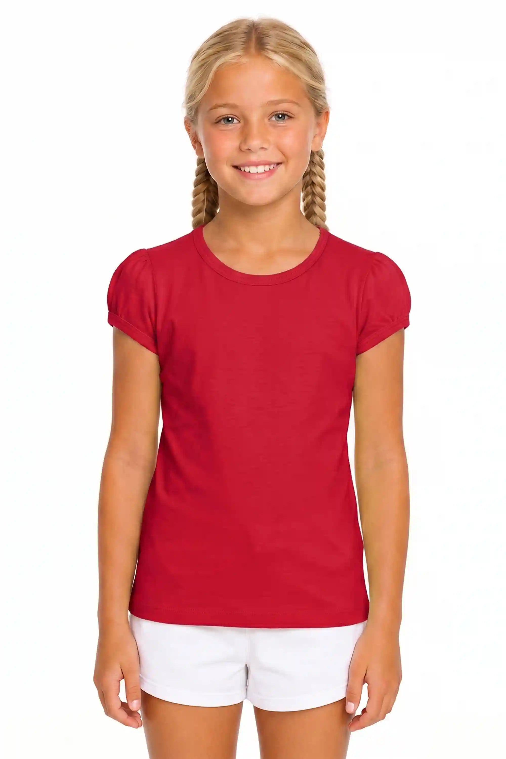 Girls' Basic Short Puff Sleeve Round Neck Cotton T-Shirt