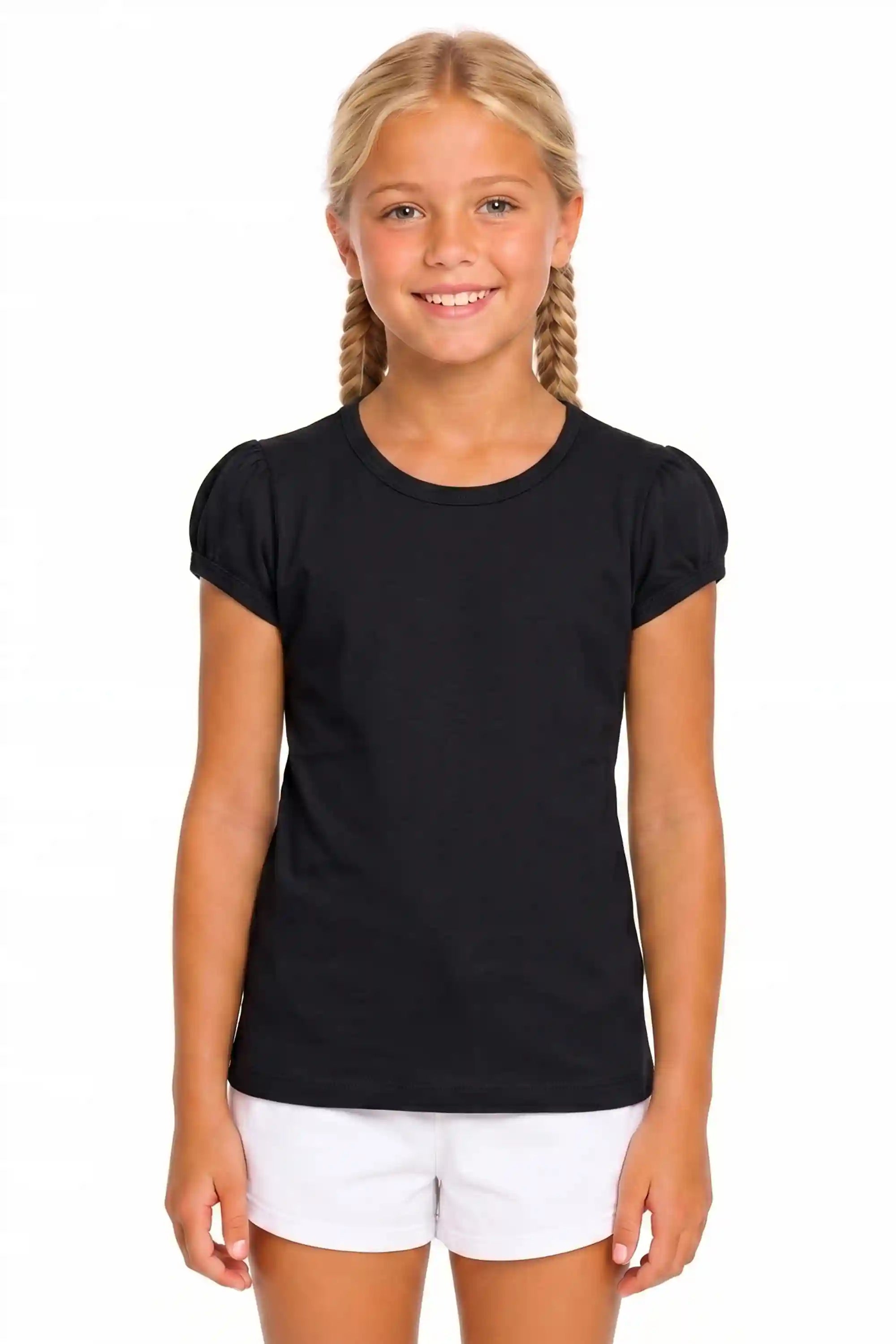Girls' Basic Short Puff Sleeve Round Neck Cotton T-Shirt