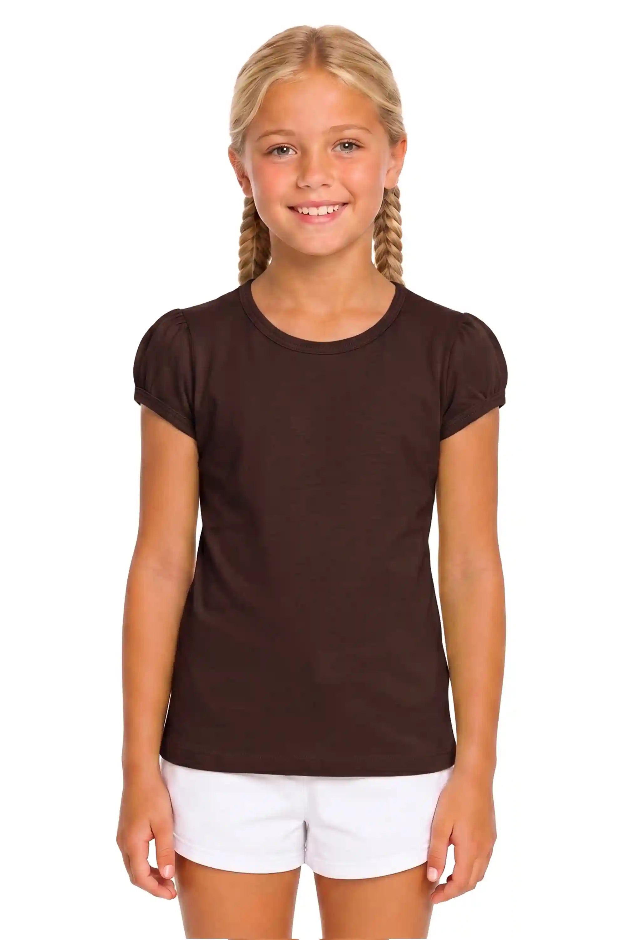 Girls' Basic Short Puff Sleeve Round Neck Cotton T-Shirt
