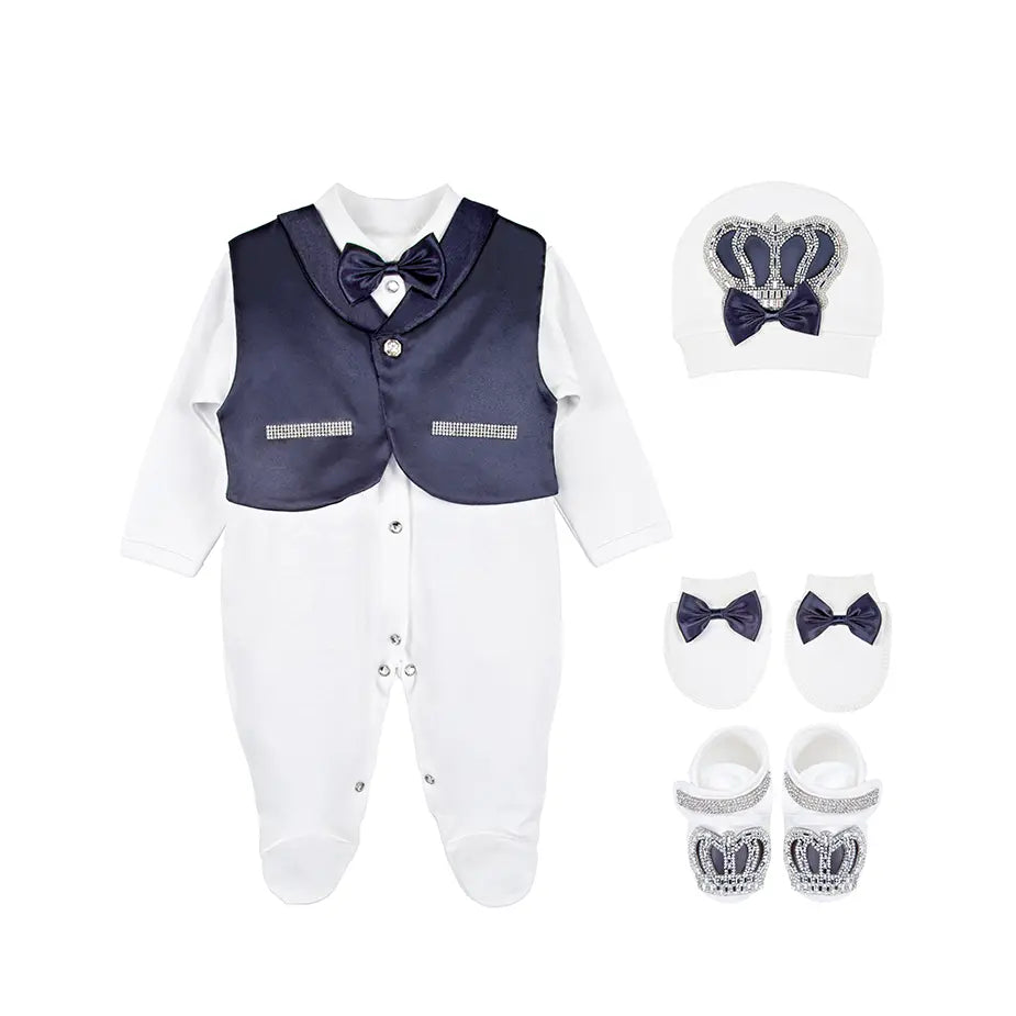 Regal and Handsome: 5-Piece Layette Gift Set with Jeweled Crown Tuxedo for Baby Boys (0-3 Months)
