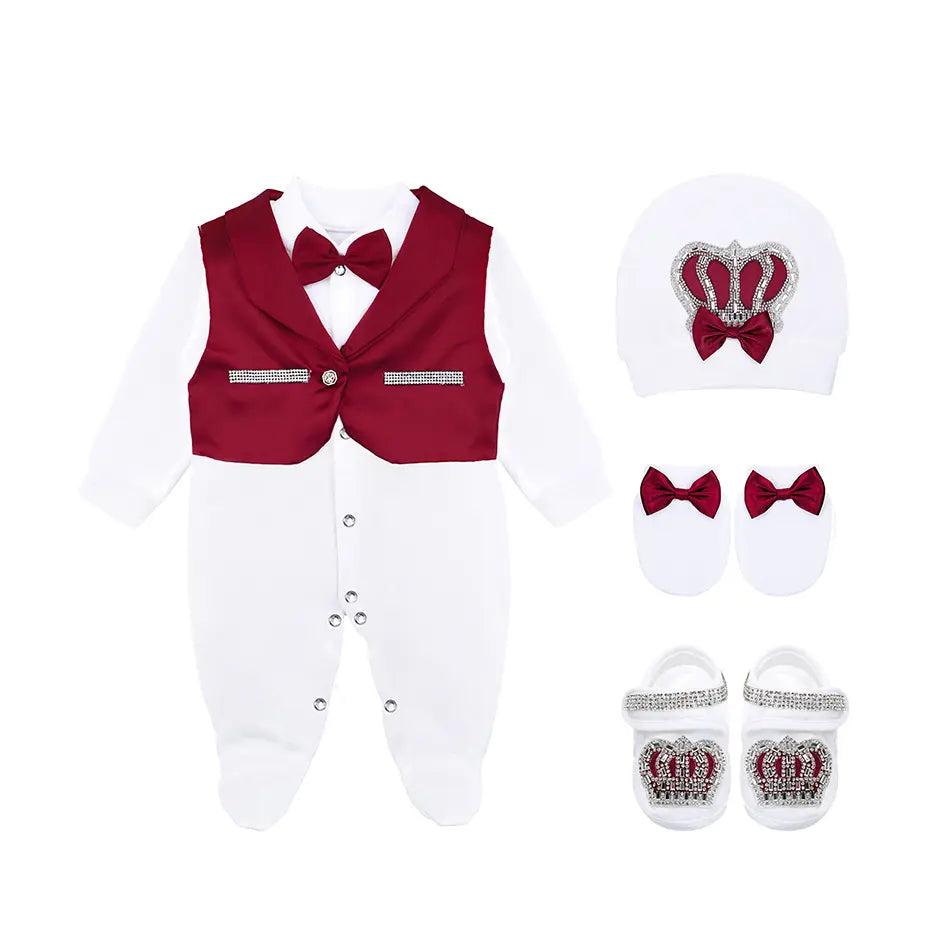 Regal and Handsome: 5-Piece Layette Gift Set with Jeweled Crown Tuxedo for Baby Boys (0-3 Months)