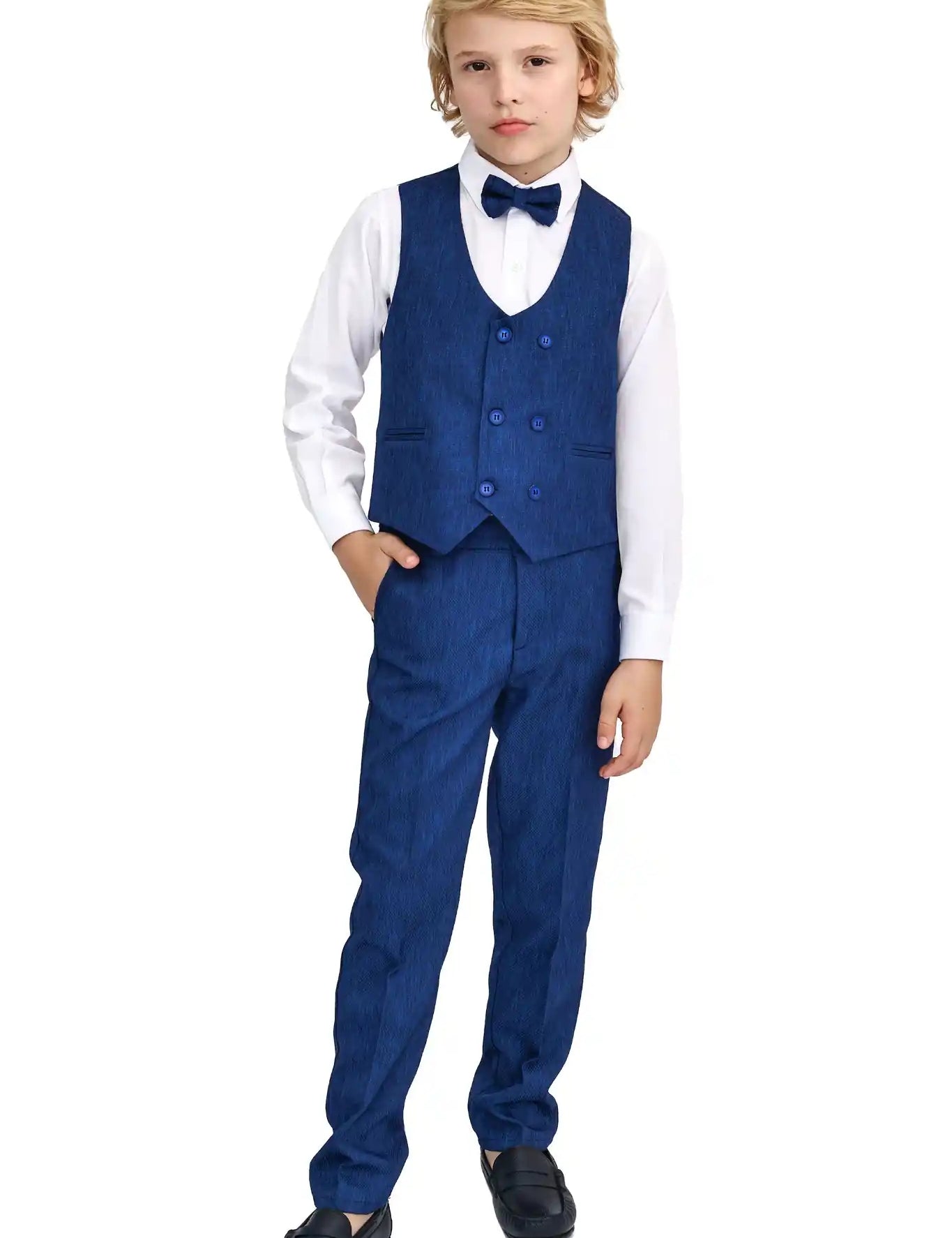 Toddler & Youth Boys 4 Piece Formal Suit Set V-Neck Vest White Dress Shirt Dress Pants and Bowtie 6-12 Years