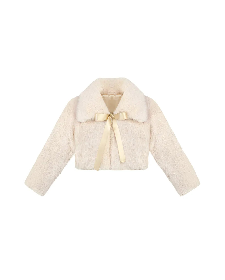 Girls Fluffy Ribbon Bow Dress Coat Bolero