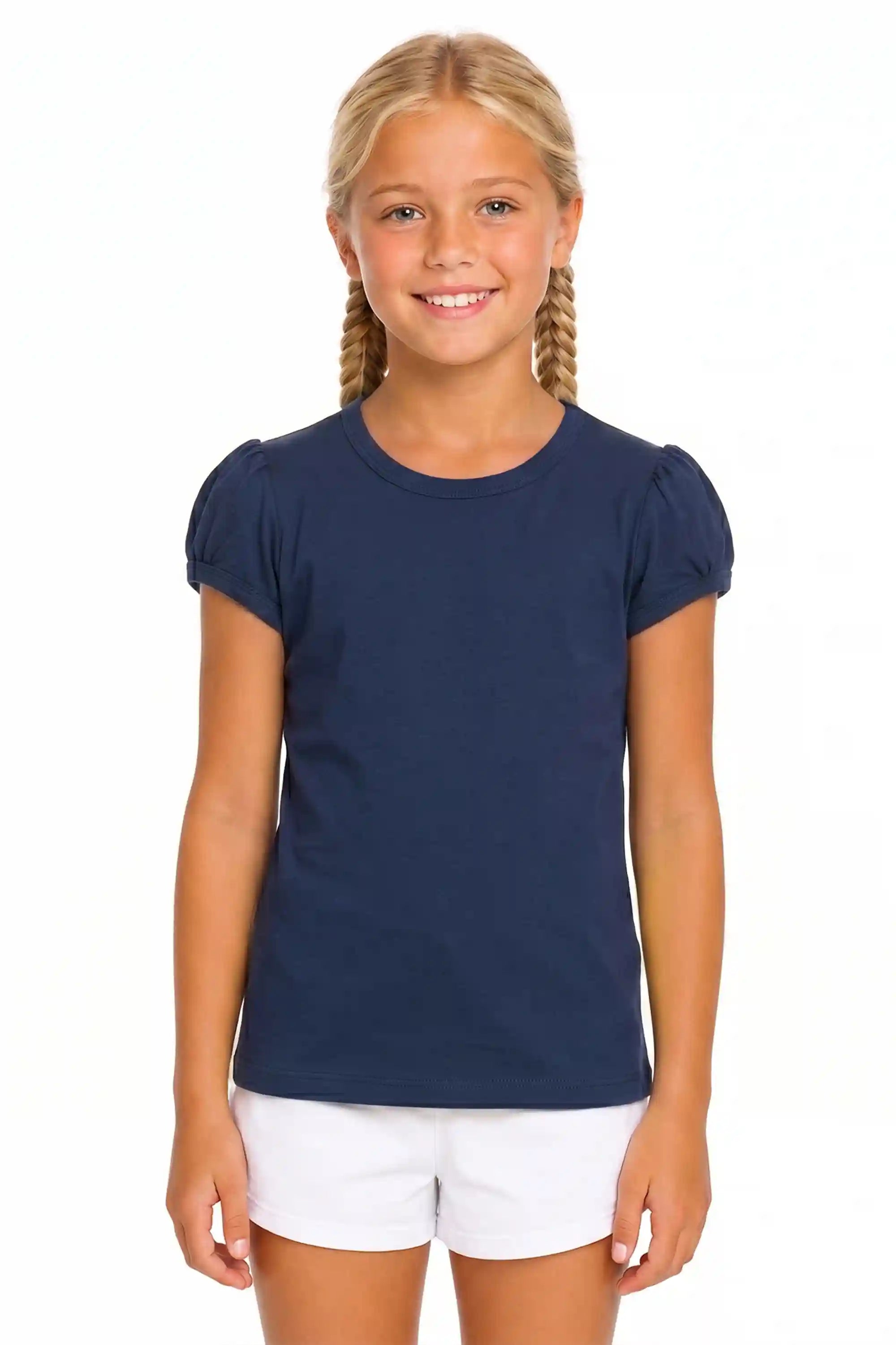 Girls' Basic Short Puff Sleeve Round Neck Cotton T-Shirt